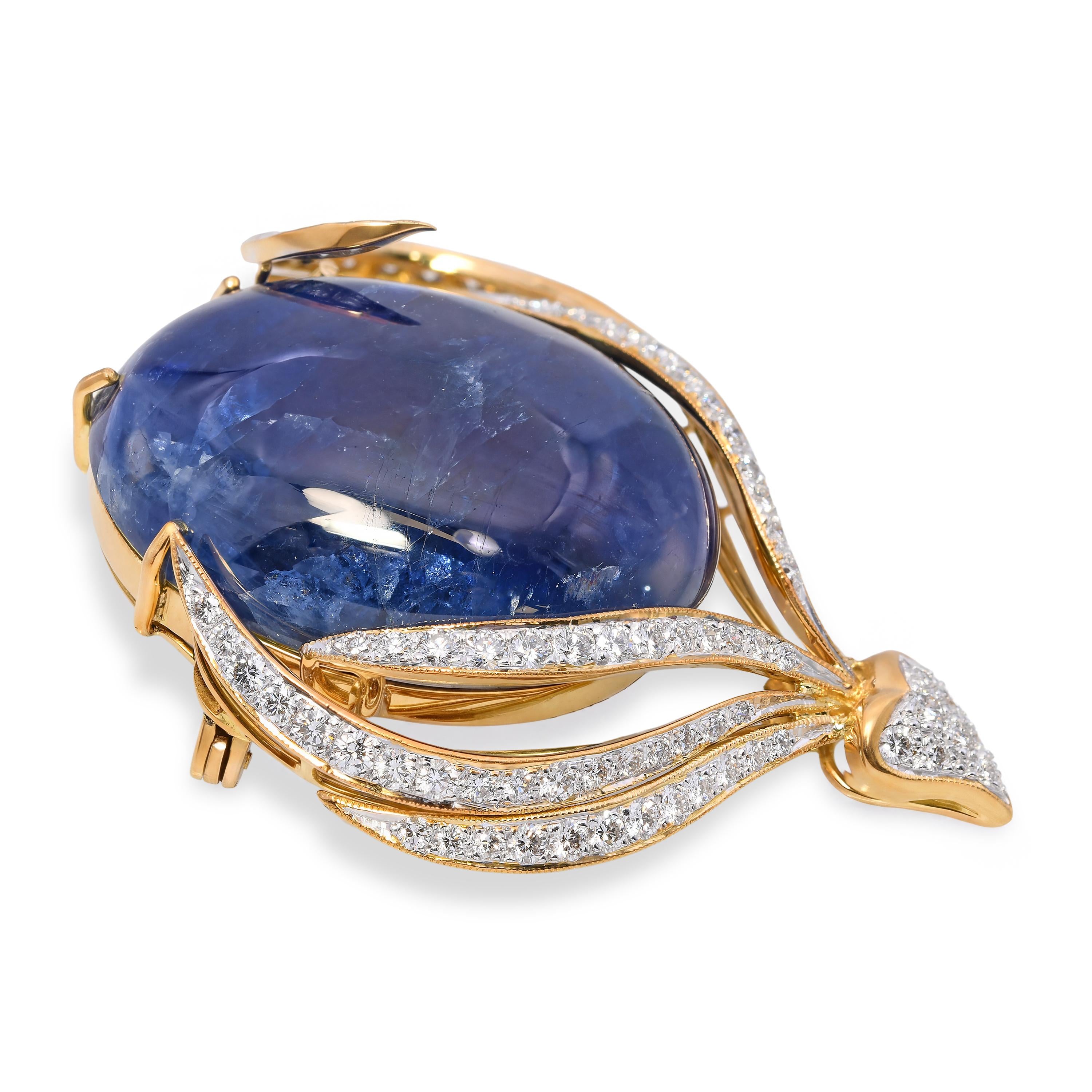 18k Yellow Gold 55.83ct Star Sapphire and Diamond Brooch