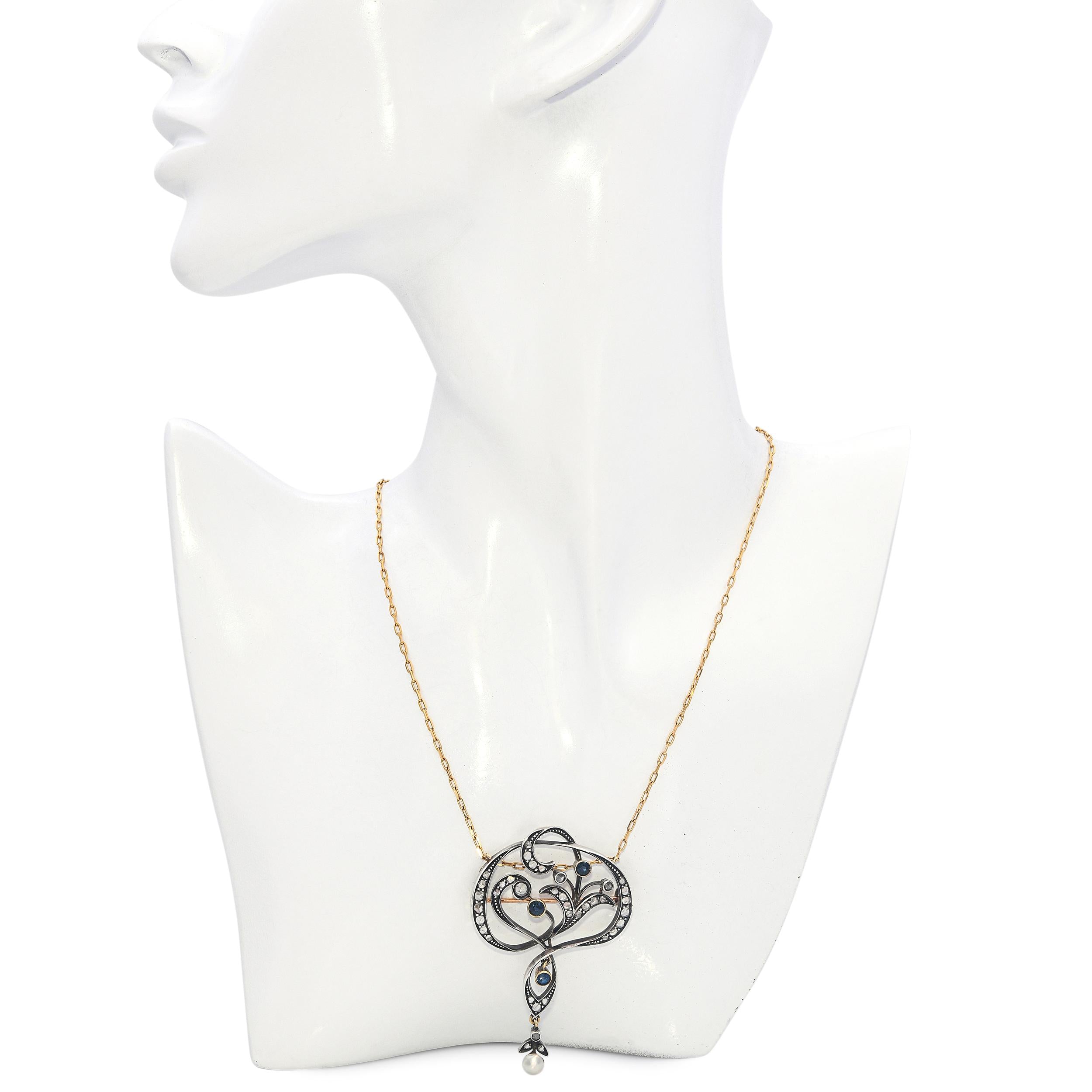 Antique Silver & Yellow Gold Rose Cut Diamond & Sapphire Lavalier Necklace