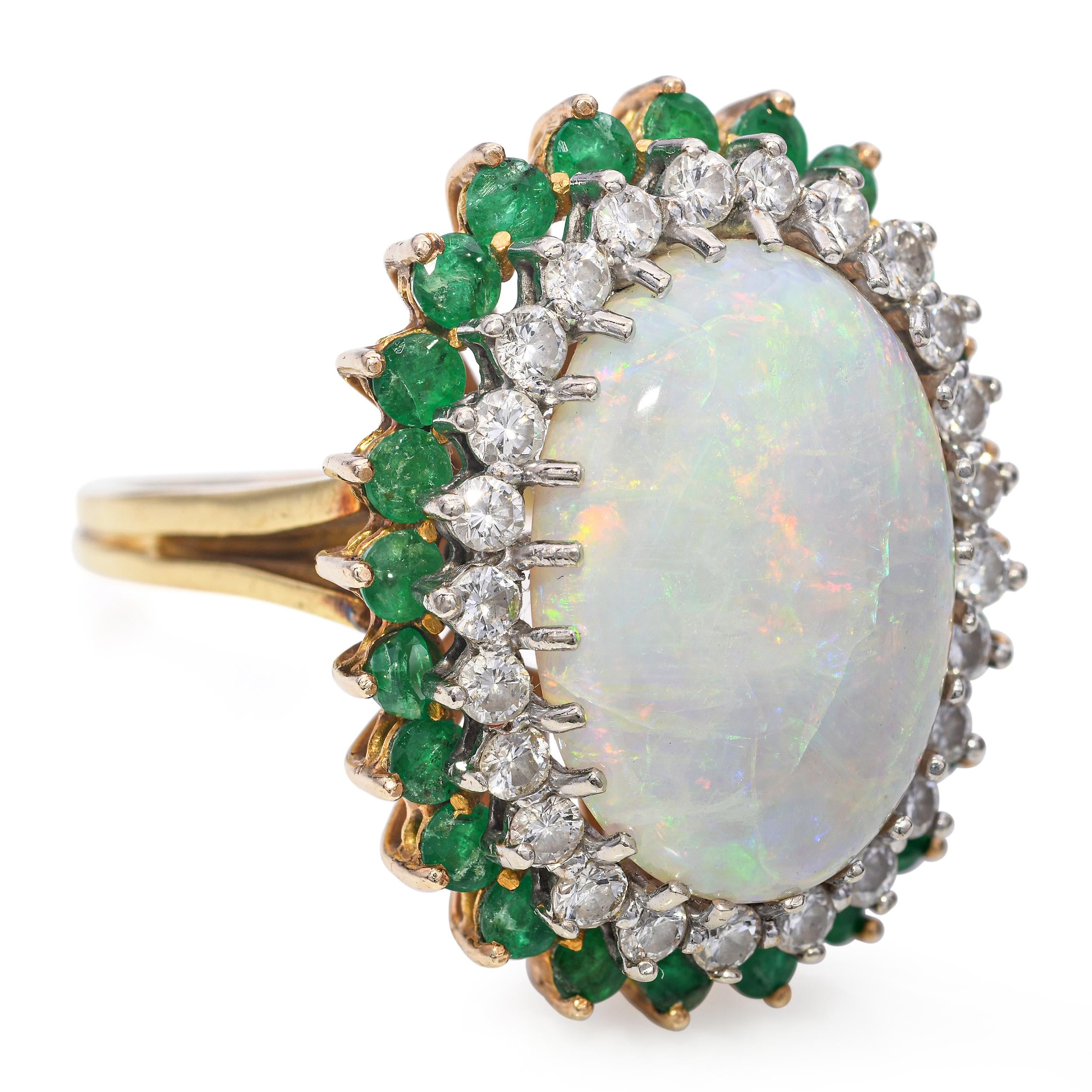 Vintage 18k Yellow Gold 9.35ct Australian Opal Diamond and Emerald Ring