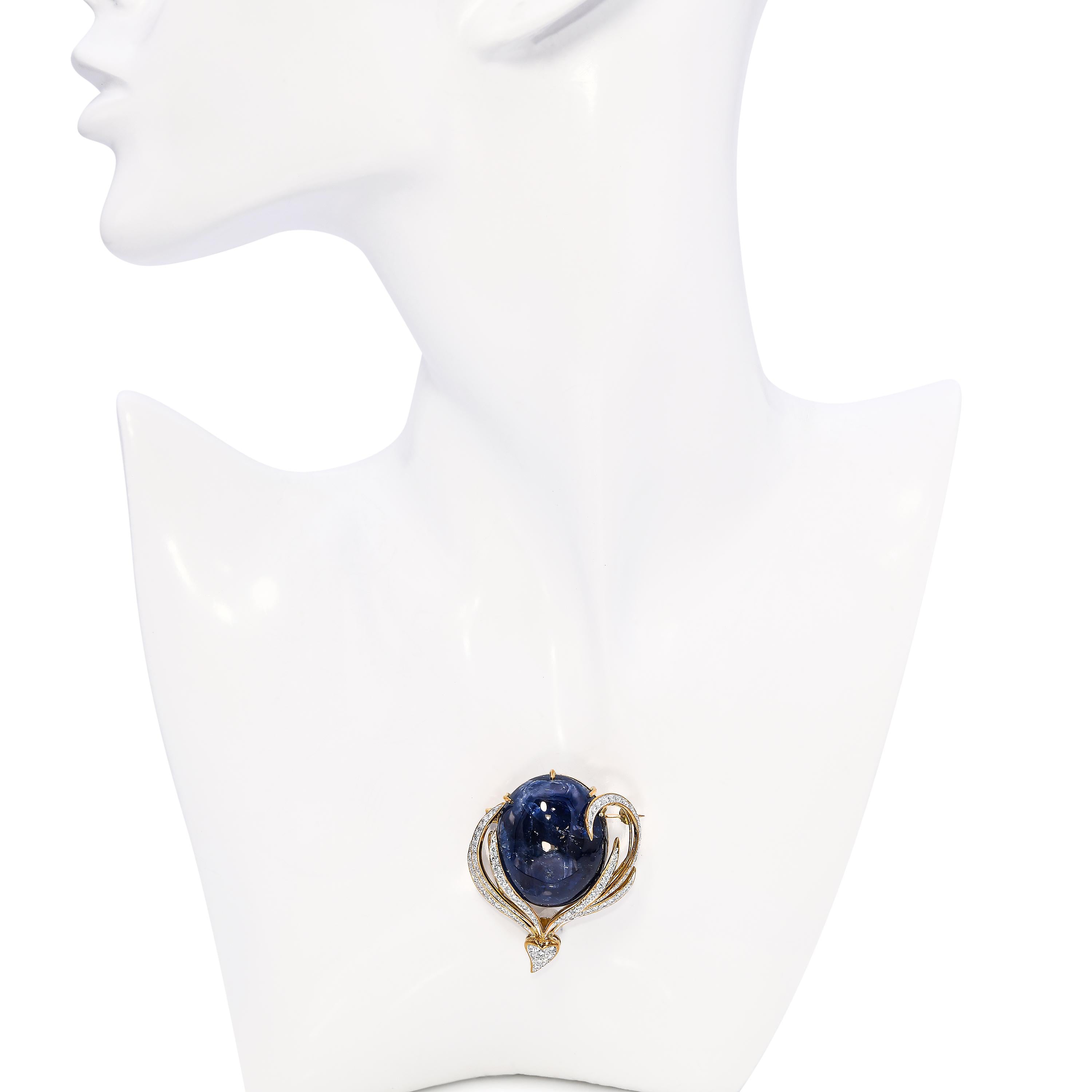 18k Yellow Gold 55.83ct Star Sapphire and Diamond Brooch