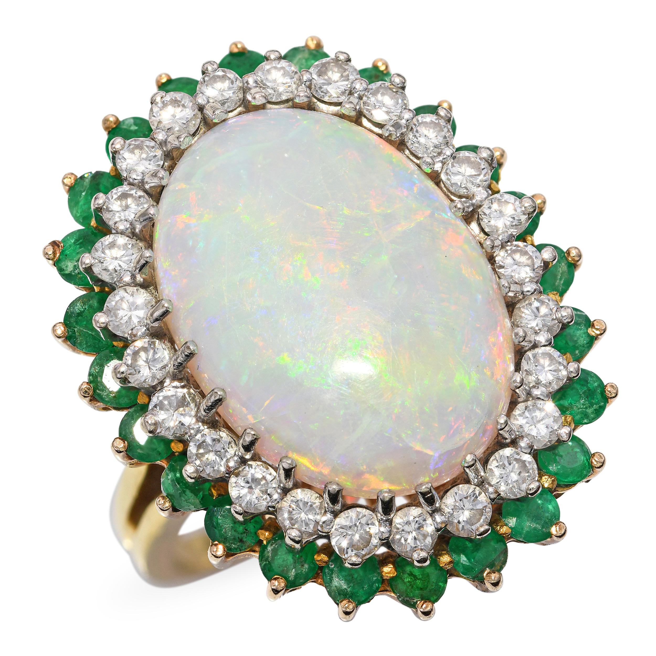 Vintage 18k Yellow Gold 9.35ct Australian Opal Diamond and Emerald Ring