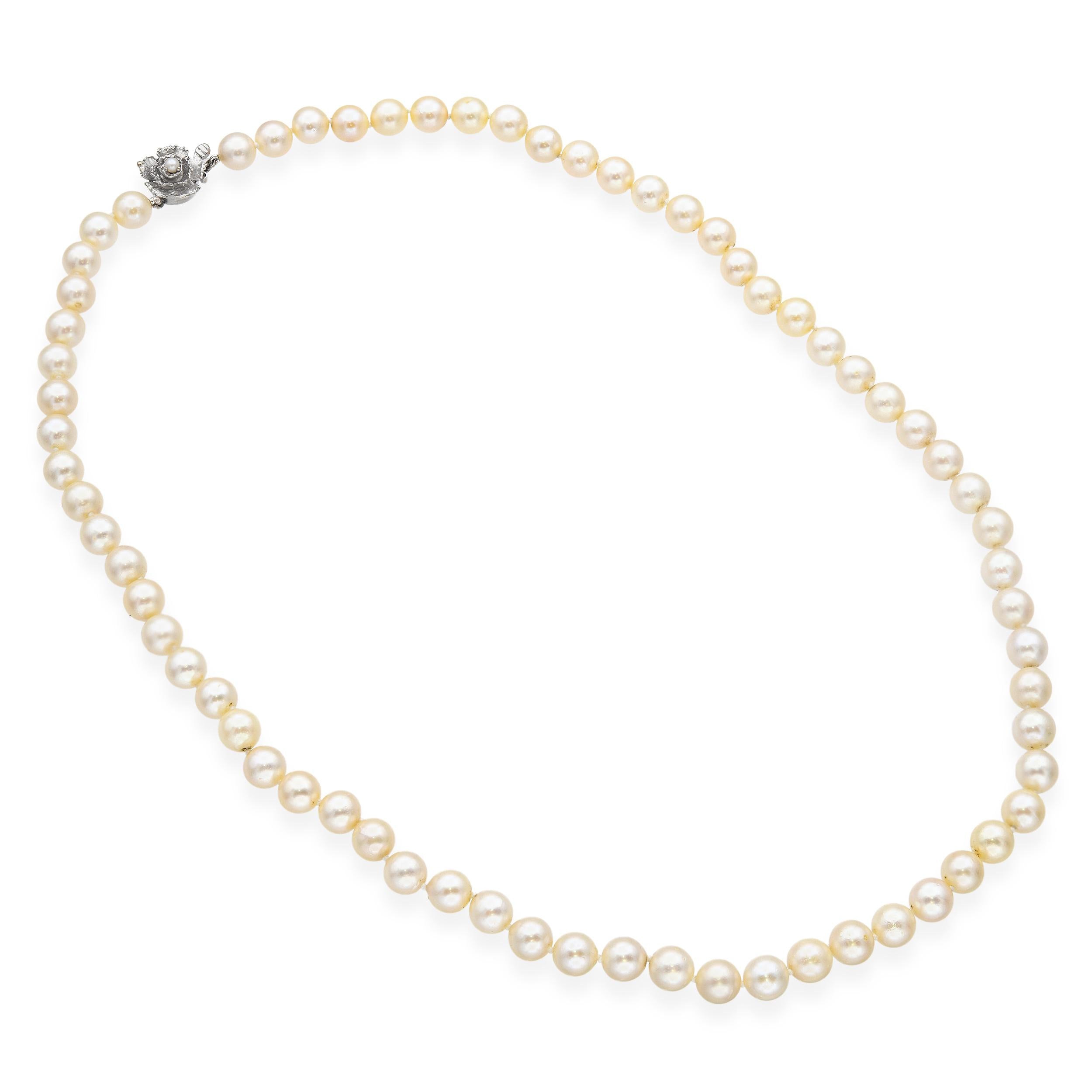 Vintage 14k White Gold Floral Clasp Pearl Strand Necklace
