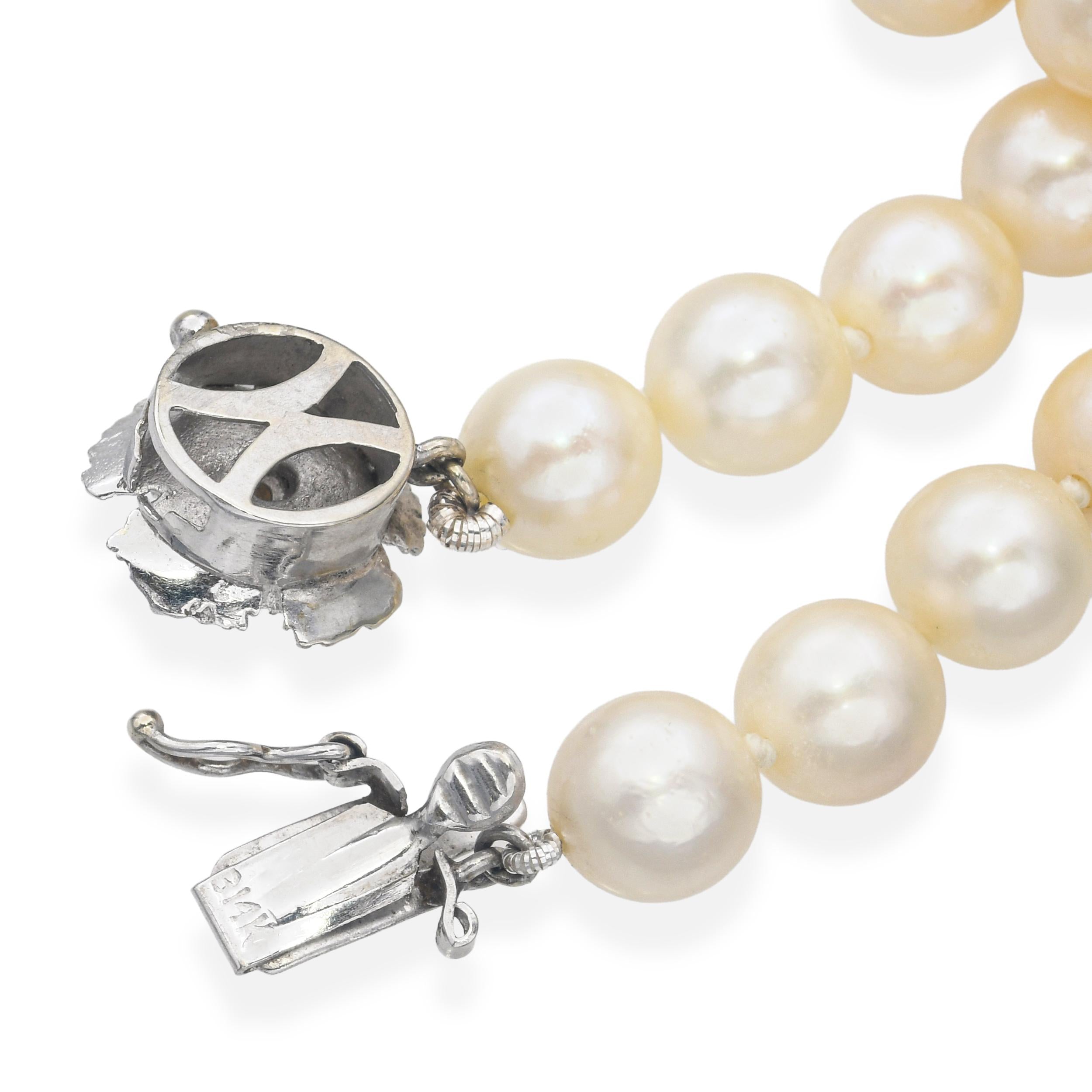 Vintage 14k White Gold Floral Clasp Pearl Strand Necklace