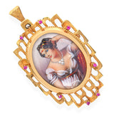 Vintage 18k Yellow Gold Corletto Ruby and Diamond Minatare Portrait Pendant