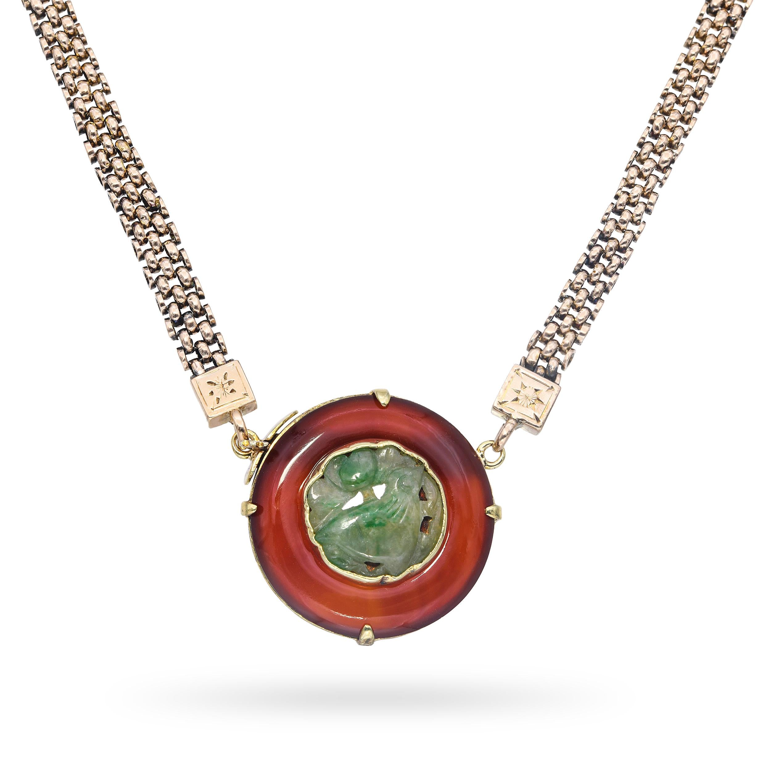 Vintage Yellow Gold Carnelian and Carved Jade Pendant Necklace