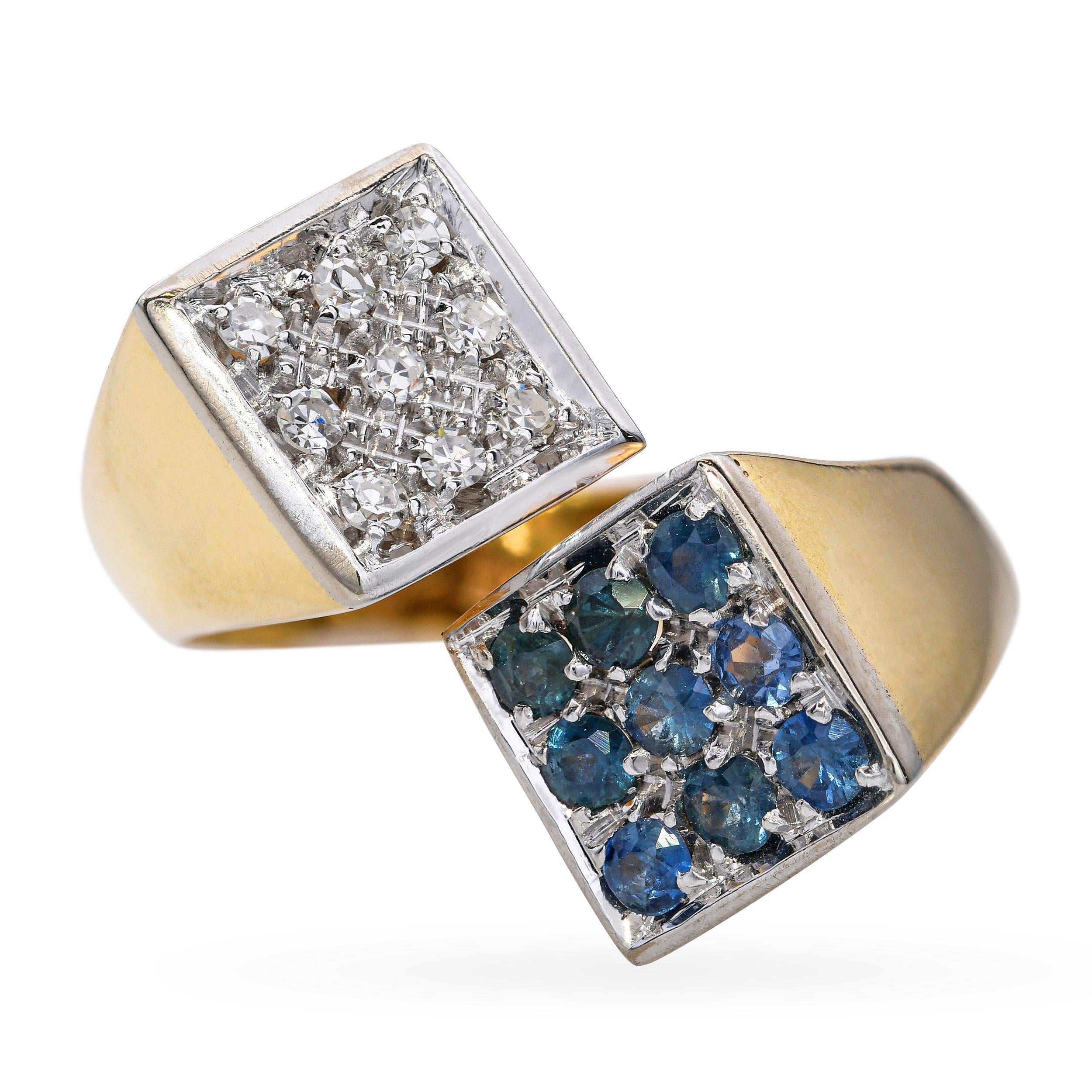 Vintage Two-Tone 18k Gold Sapphire Diamond Bypass Ring