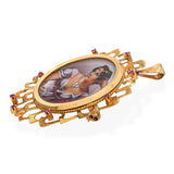 Vintage 18k Yellow Gold Corletto Ruby and Diamond Minatare Portrait Pendant