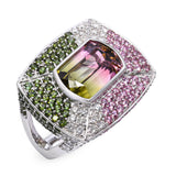 18K White Gold 7.57tcw Multicolor Tourmaline & .68tcw Diamond Statement Ring