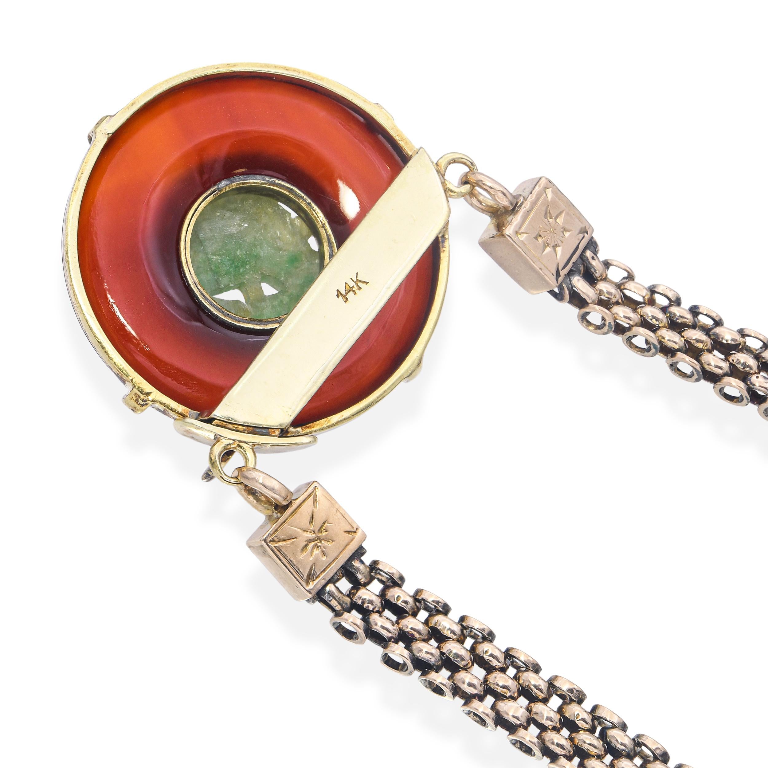 Vintage Yellow Gold Carnelian and Carved Jade Pendant Necklace