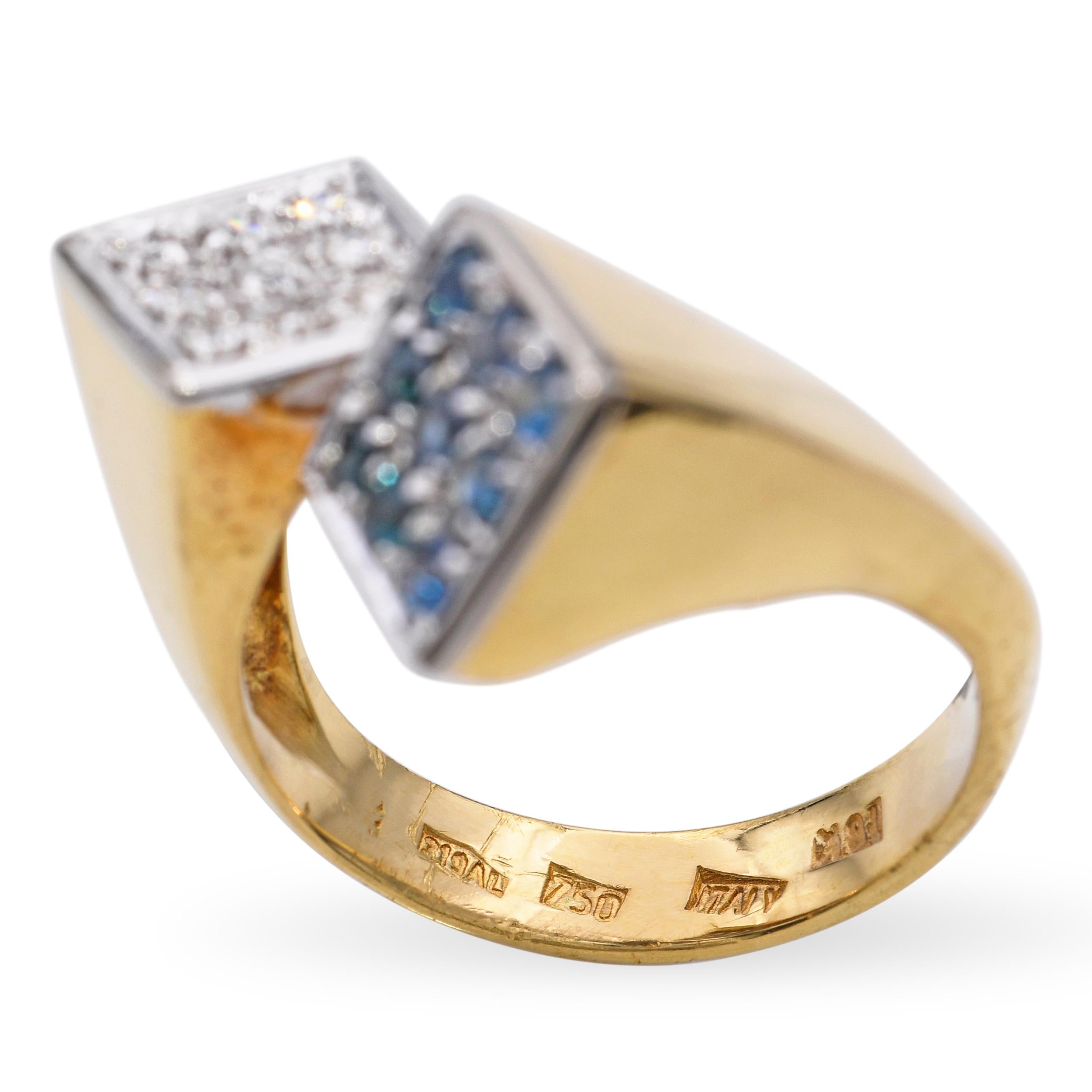 Vintage Two-Tone 18k Gold Sapphire Diamond Bypass Ring
