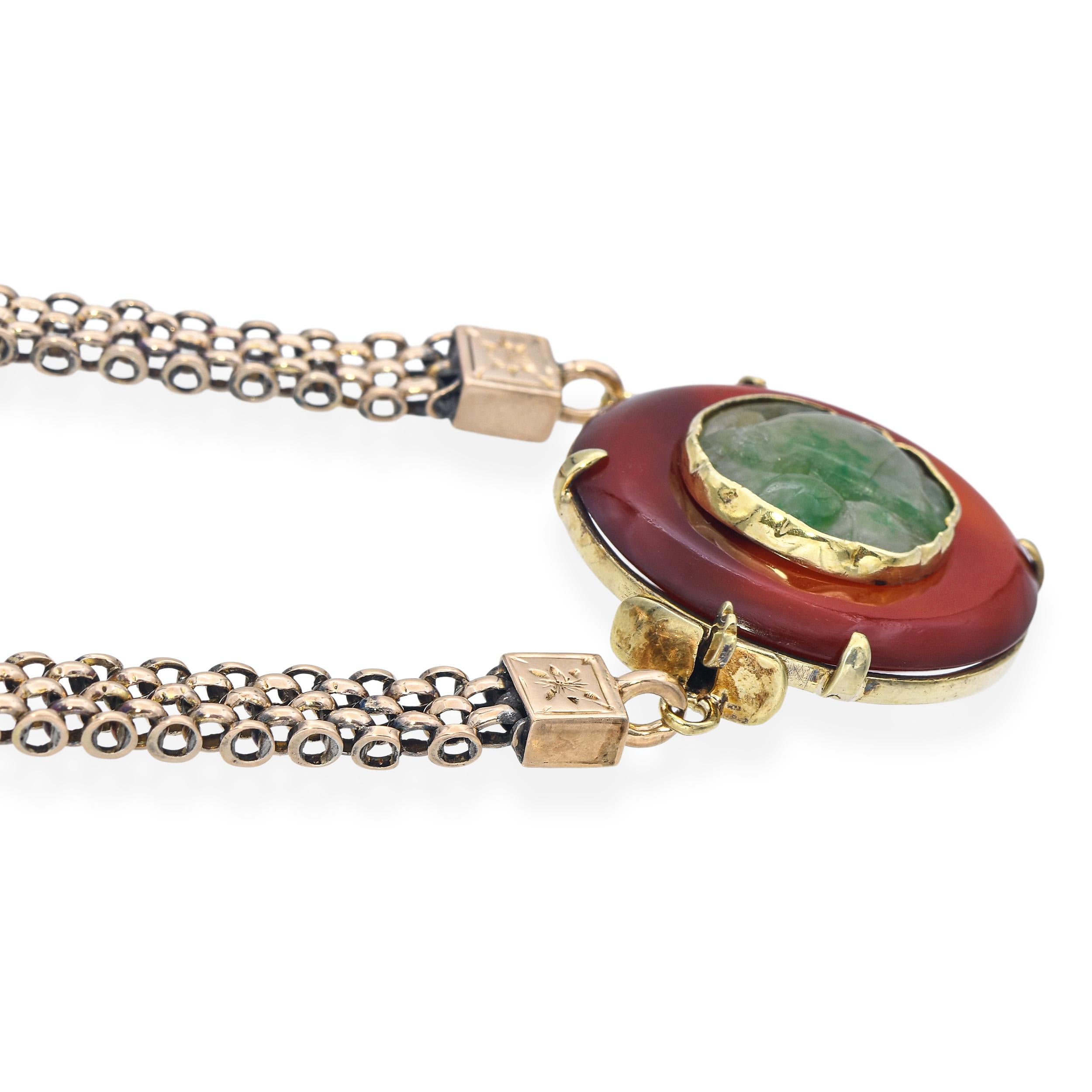 Vintage Yellow Gold Carnelian and Carved Jade Pendant Necklace
