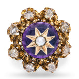 Antique Victorian Yellow Gold Amethyst Pearl & Rose Cut Diamond Mourning Ring