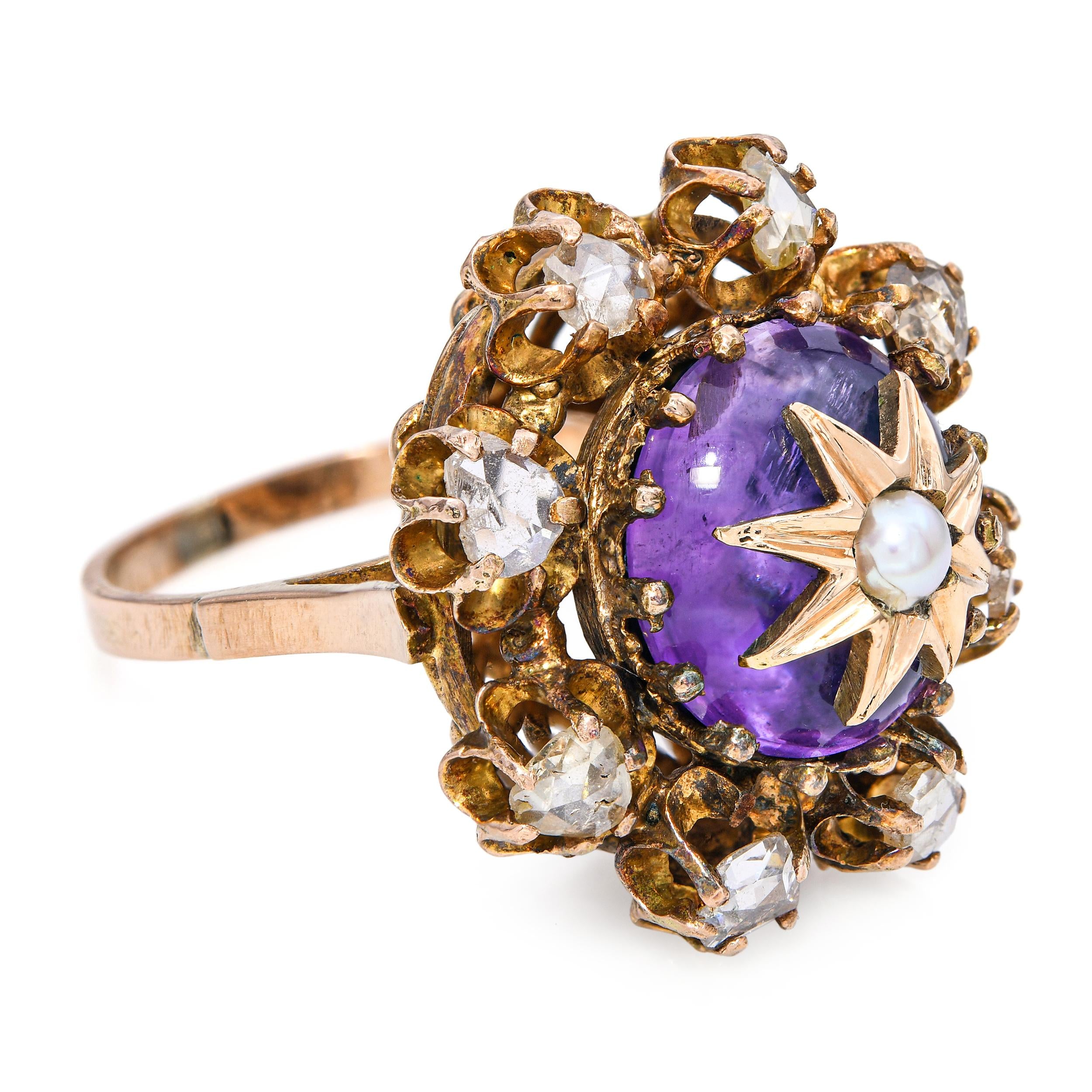 Antique Victorian Yellow Gold Amethyst Pearl & Rose Cut Diamond Mourning Ring