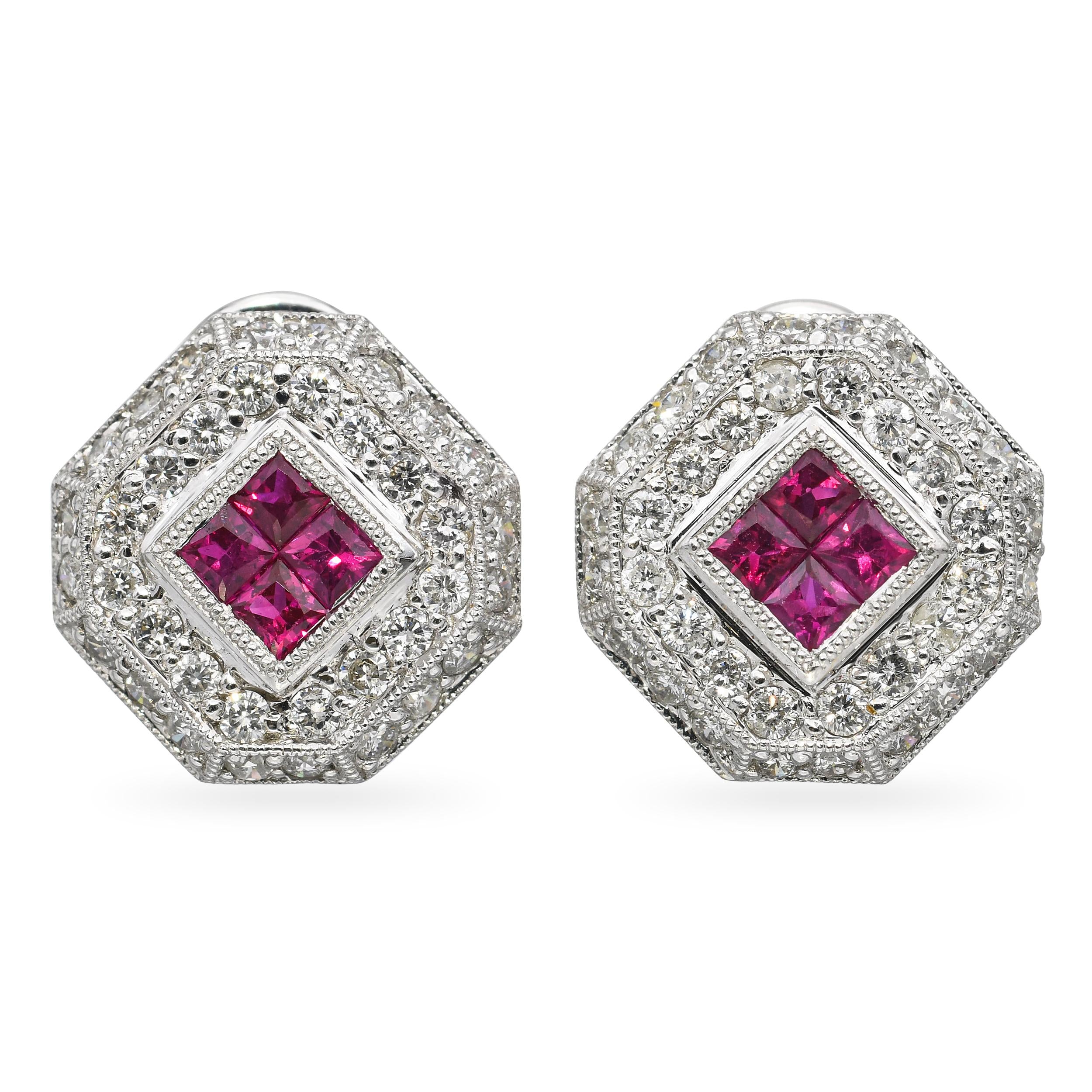 18k White Gold Diamond and Ruby Earrings