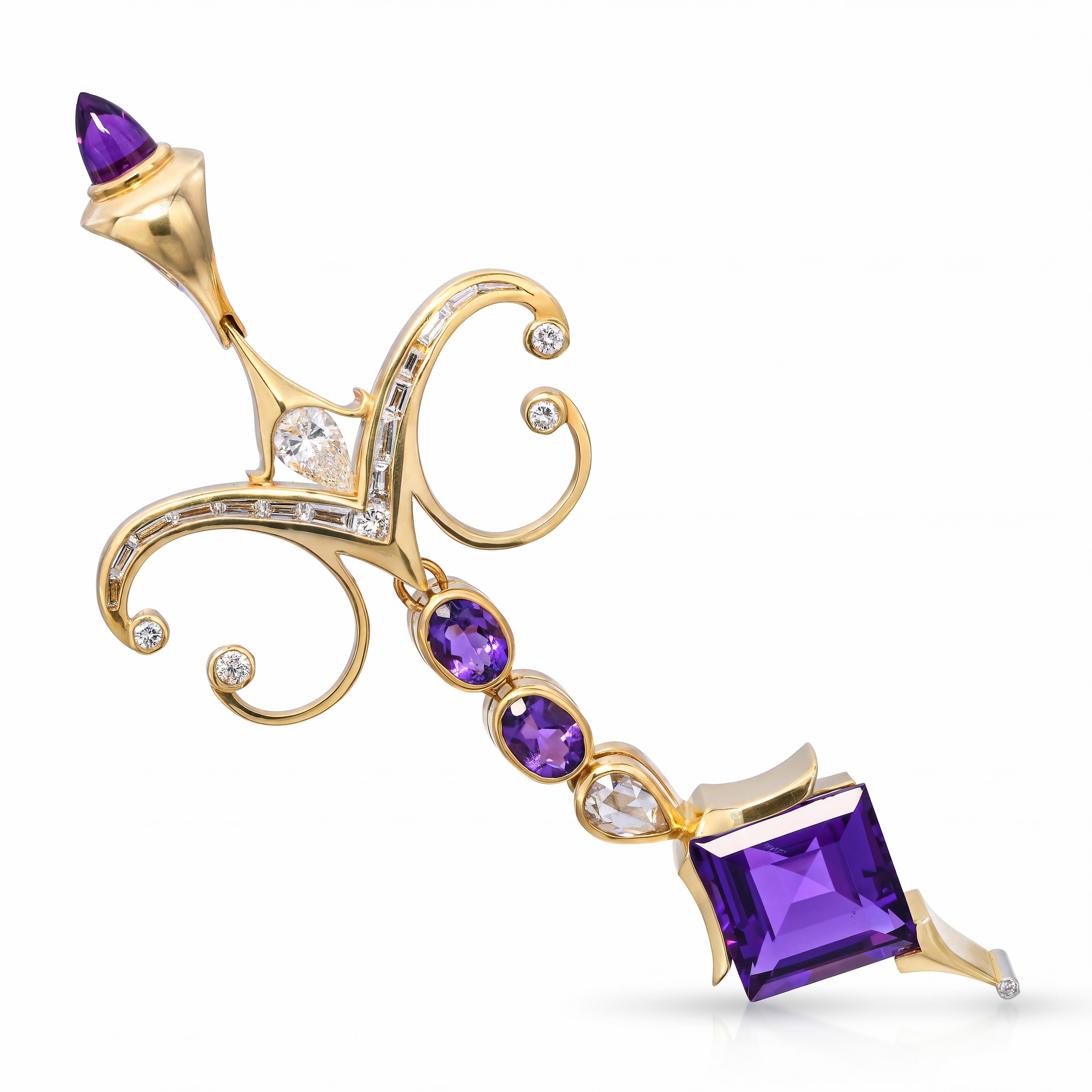 David Sacco 18k Yellow Gold Amethyst & Diamond Hand Fabricated Pendant