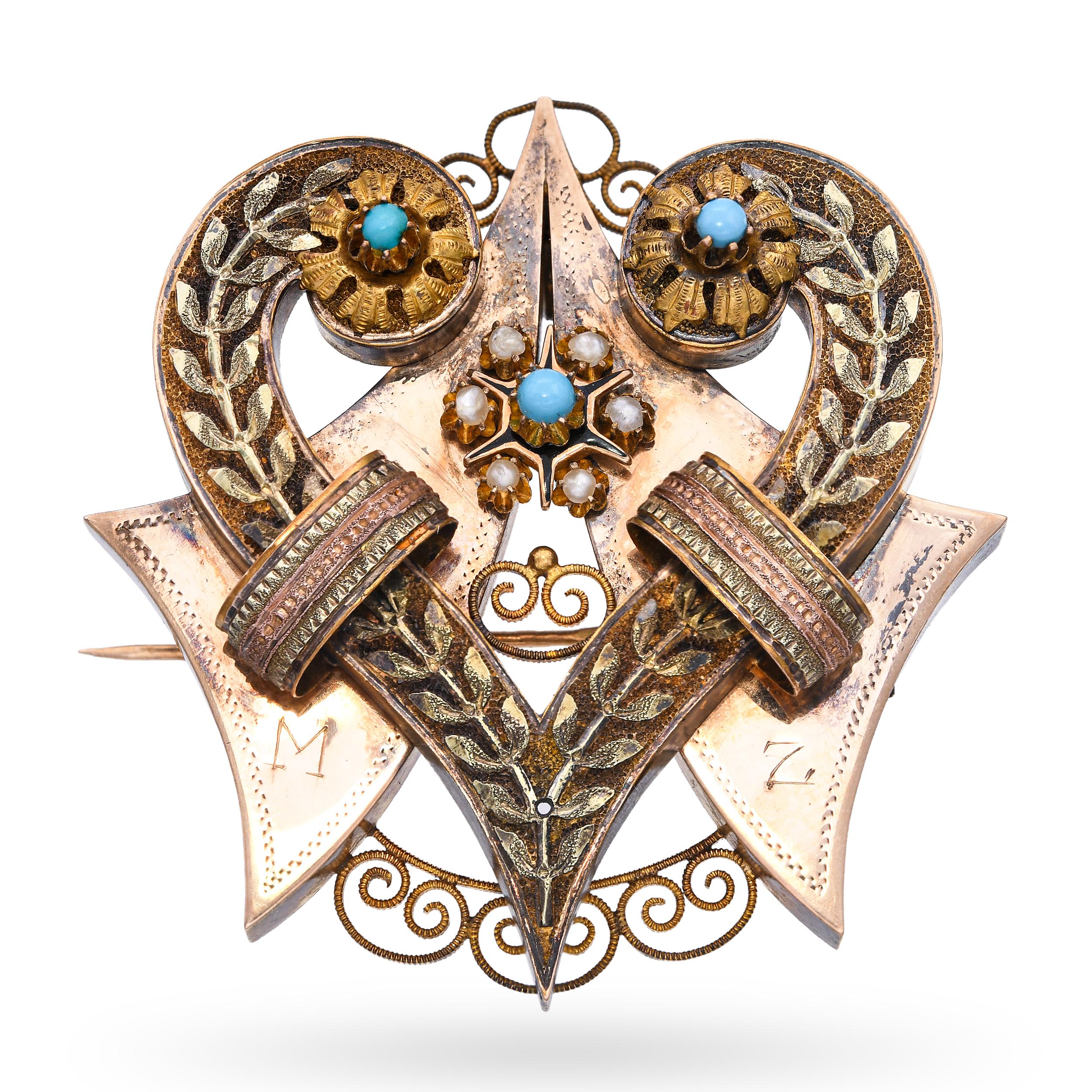 Antique Georgian 15k Yellow Gold Turquoise and Pearl Heart Brooch