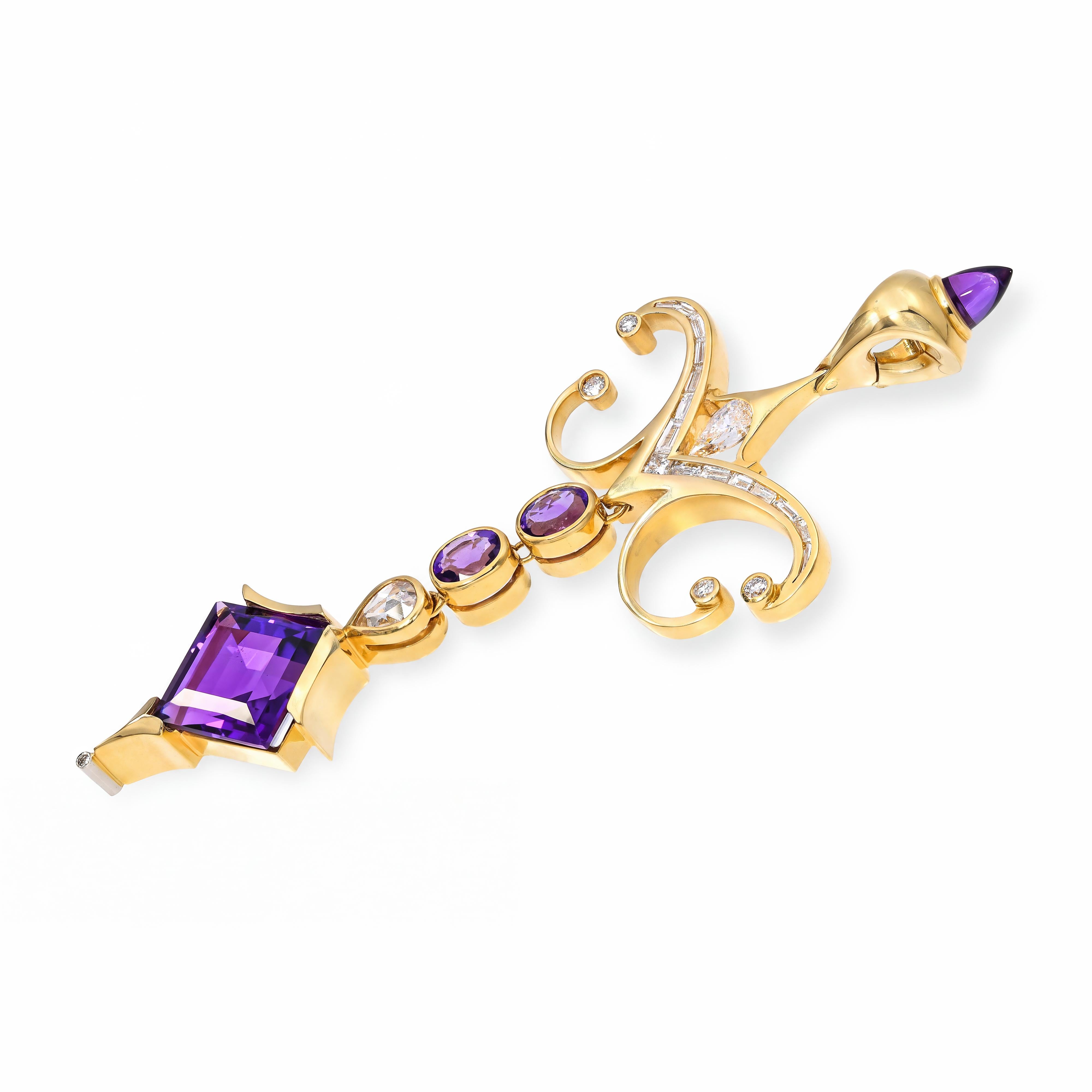 David Sacco 18k Yellow Gold Amethyst & Diamond Hand Fabricated Pendant