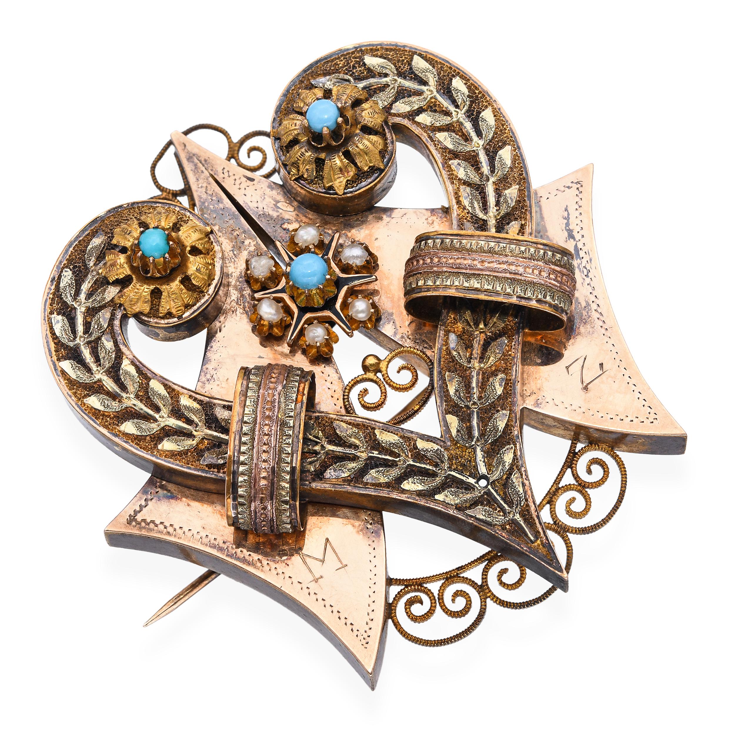 Antique Georgian 15k Yellow Gold Turquoise and Pearl Heart Brooch