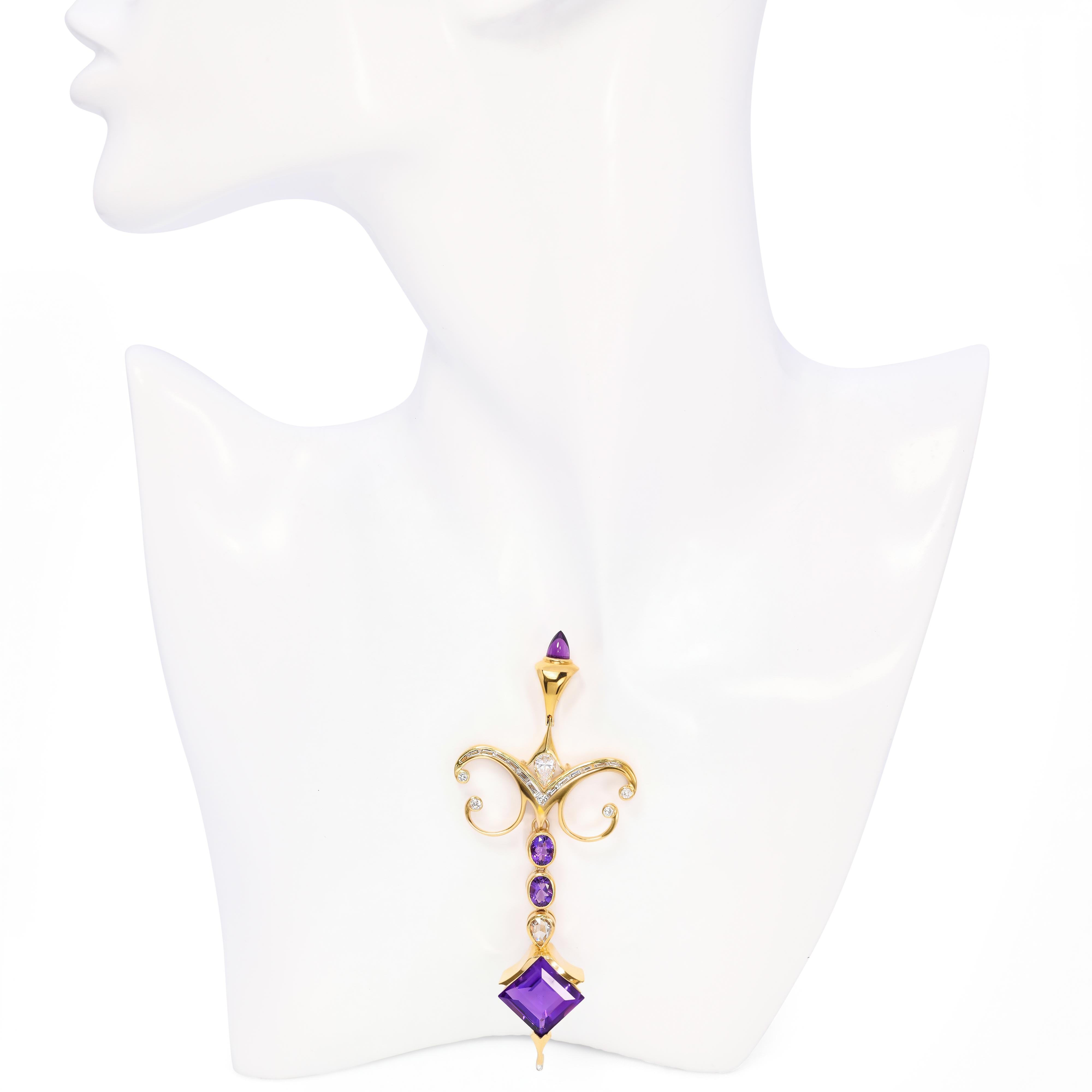 David Sacco 18k Yellow Gold Amethyst & Diamond Hand Fabricated Pendant