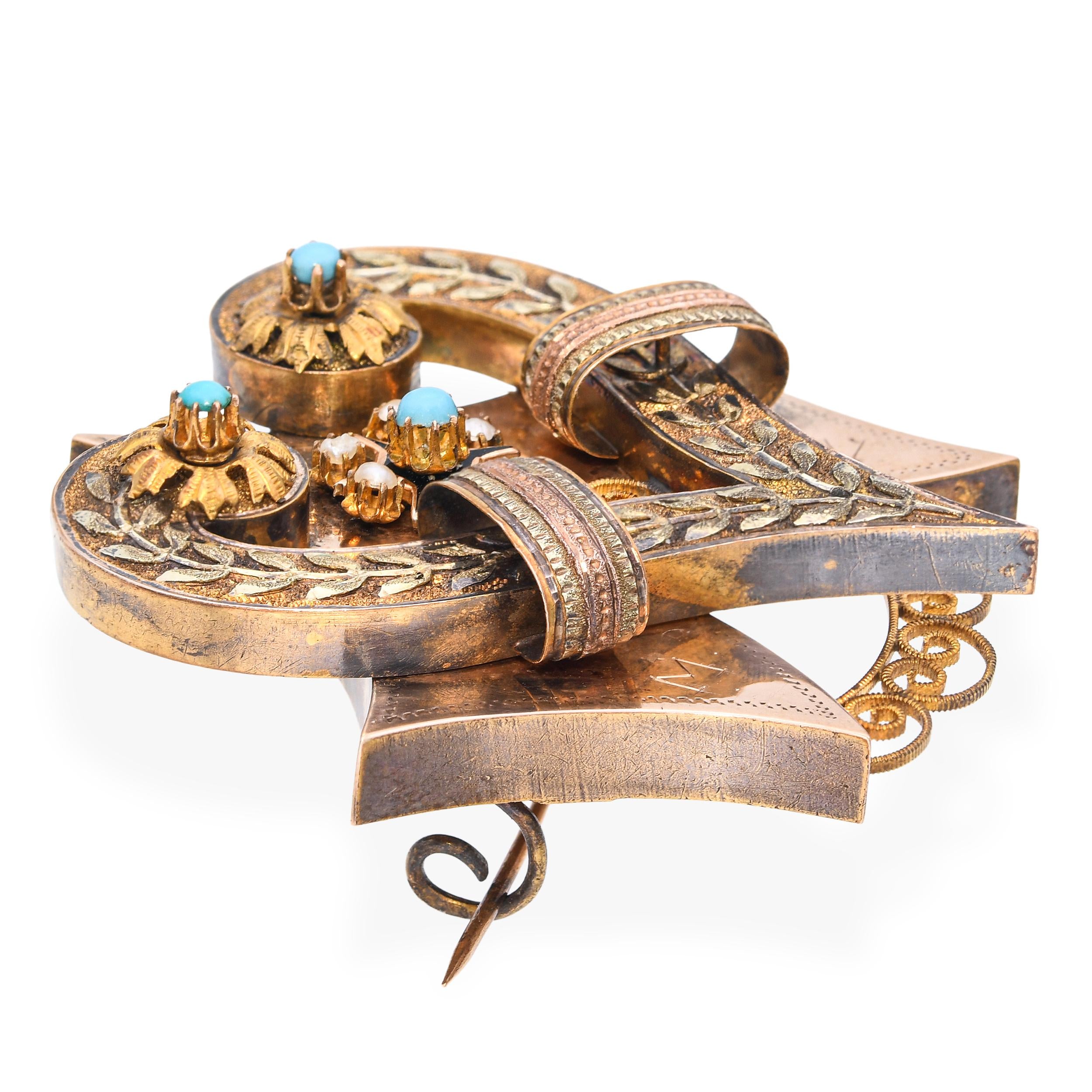 Antique Georgian 15k Yellow Gold Turquoise and Pearl Heart Brooch