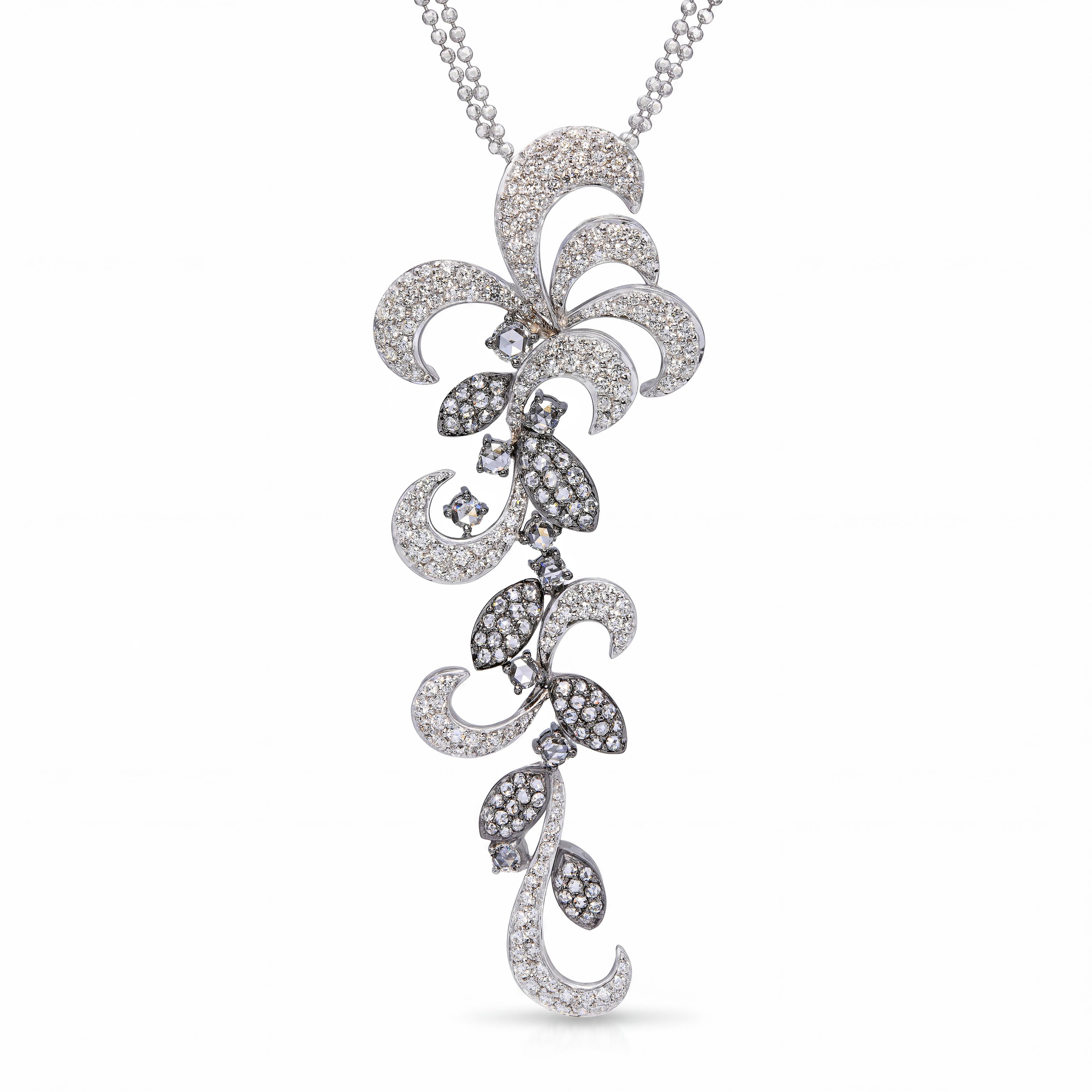 18k White Gold 3.56tcw Diamond Pave Floral Motif Pendant Necklace