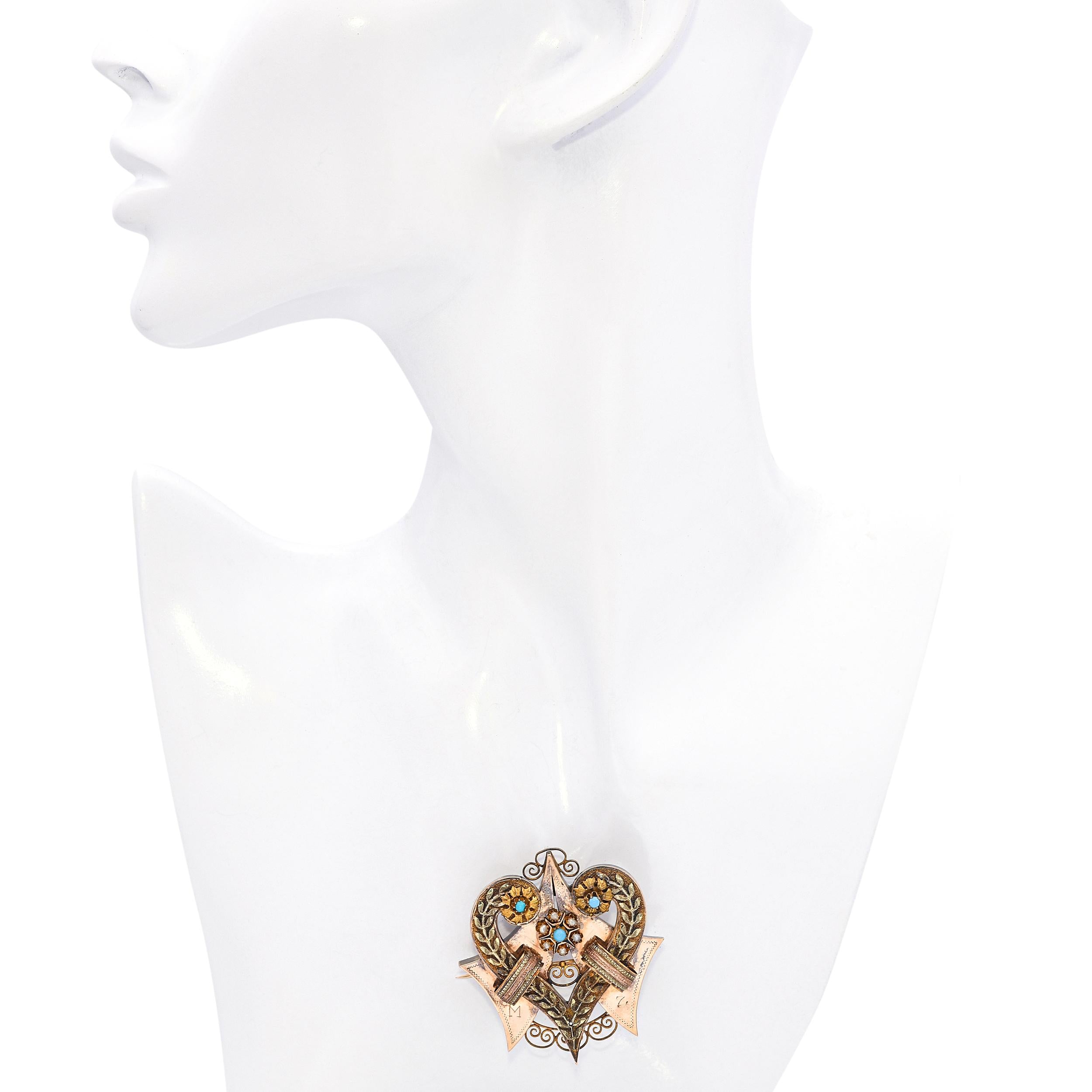 Antique Georgian 15k Yellow Gold Turquoise and Pearl Heart Brooch