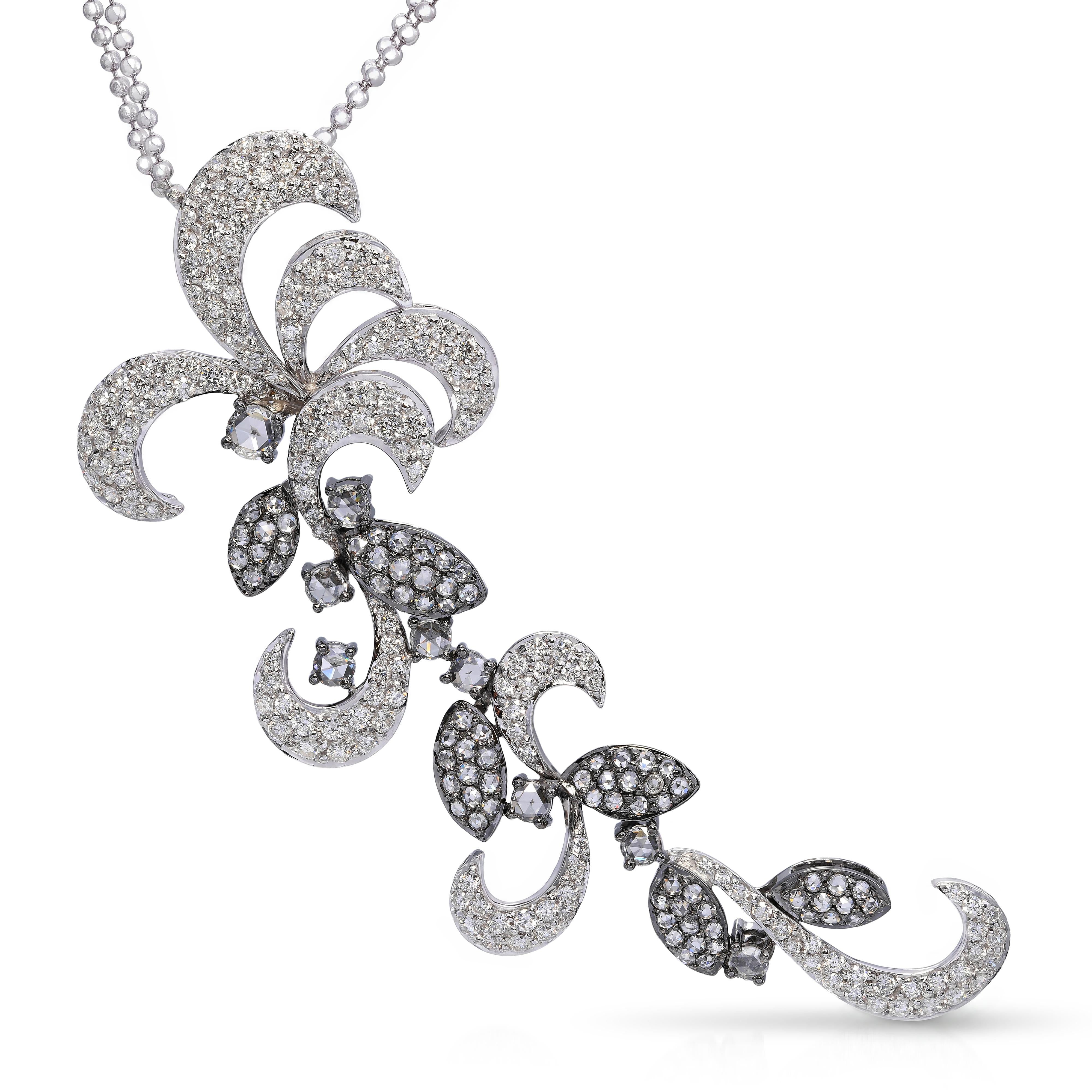 18k White Gold 3.56tcw Diamond Pave Floral Motif Pendant Necklace