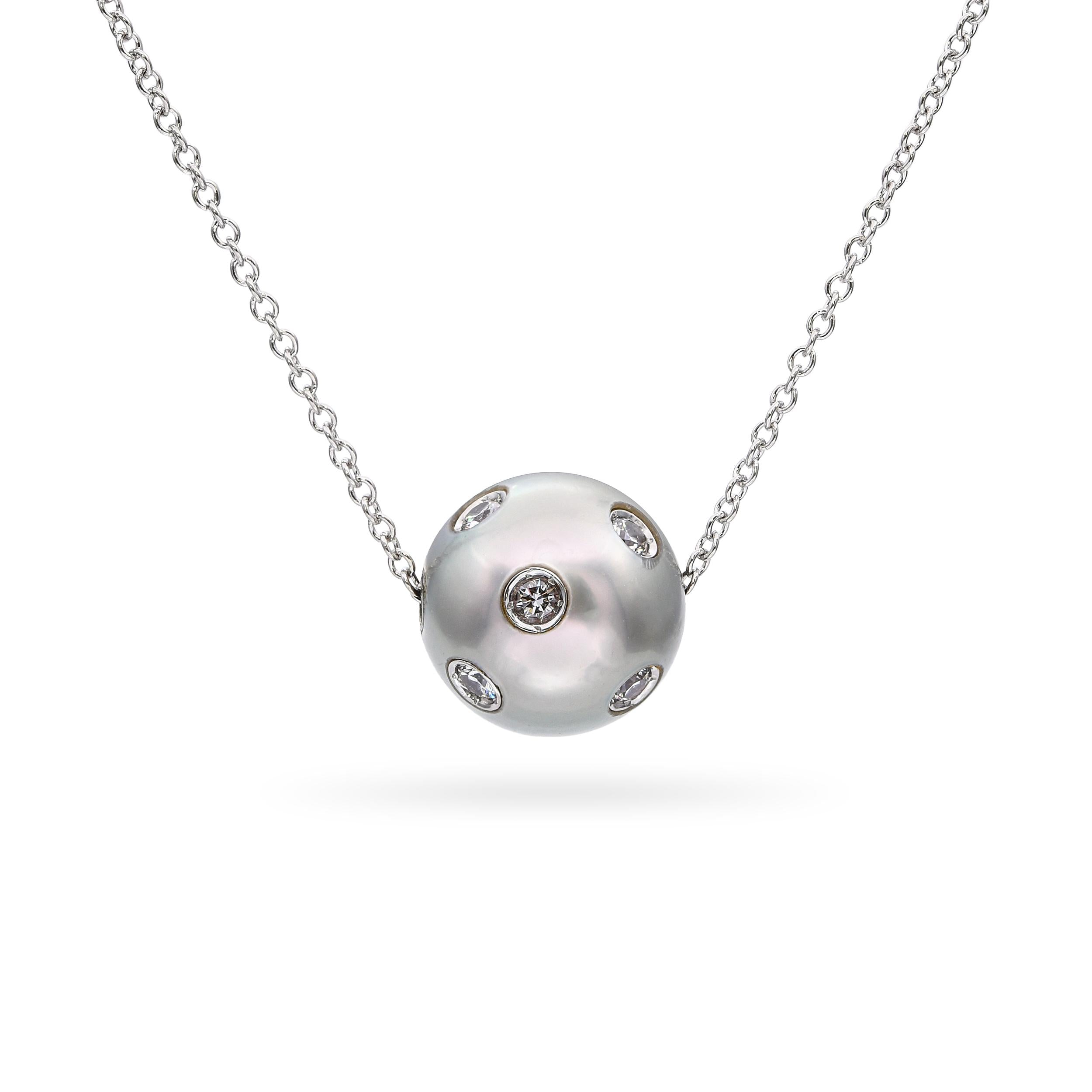 Platinum Pearl and Diamond Slider Pendant Necklace