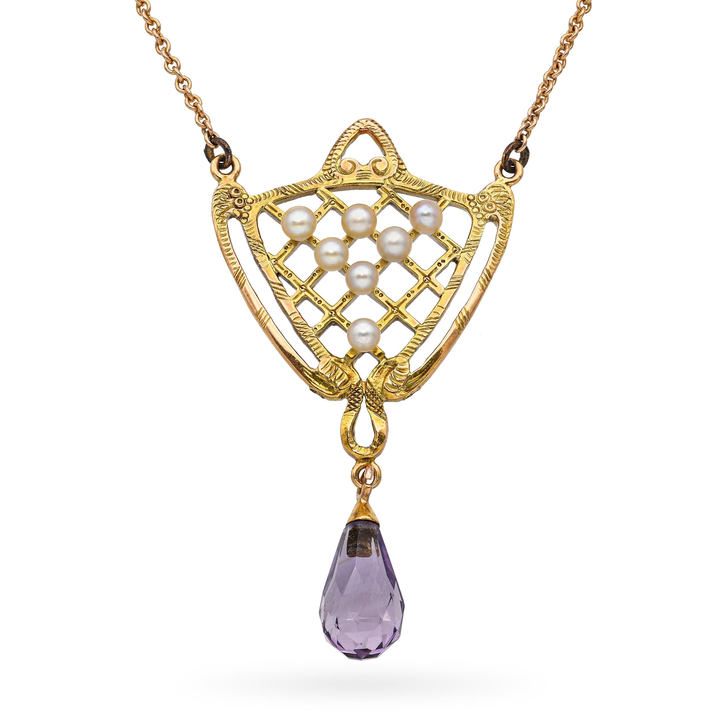 Antique 13k Yellow Gold Amethyst and Pearl Necklace