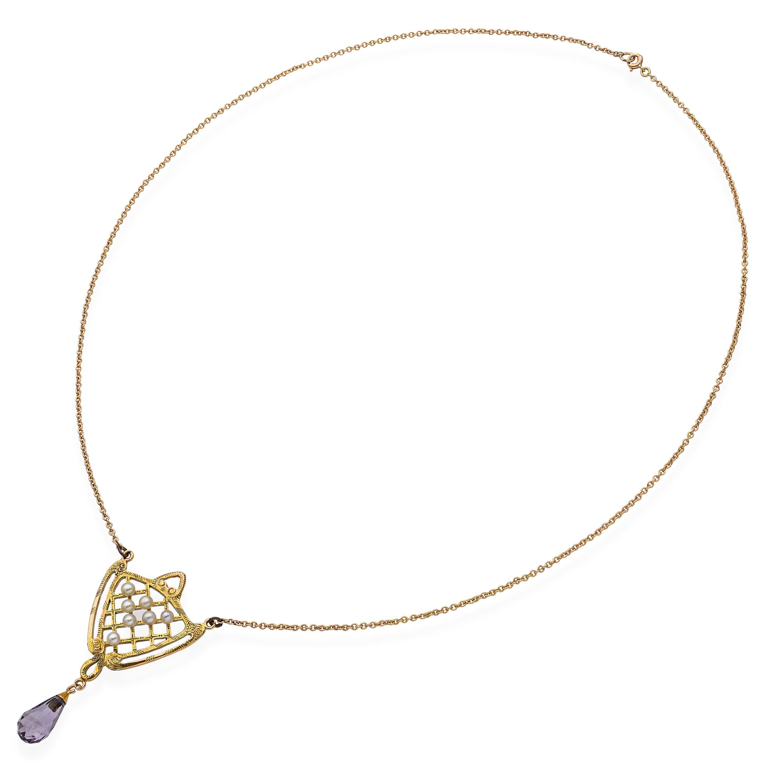 Antique 13k Yellow Gold Amethyst and Pearl Necklace