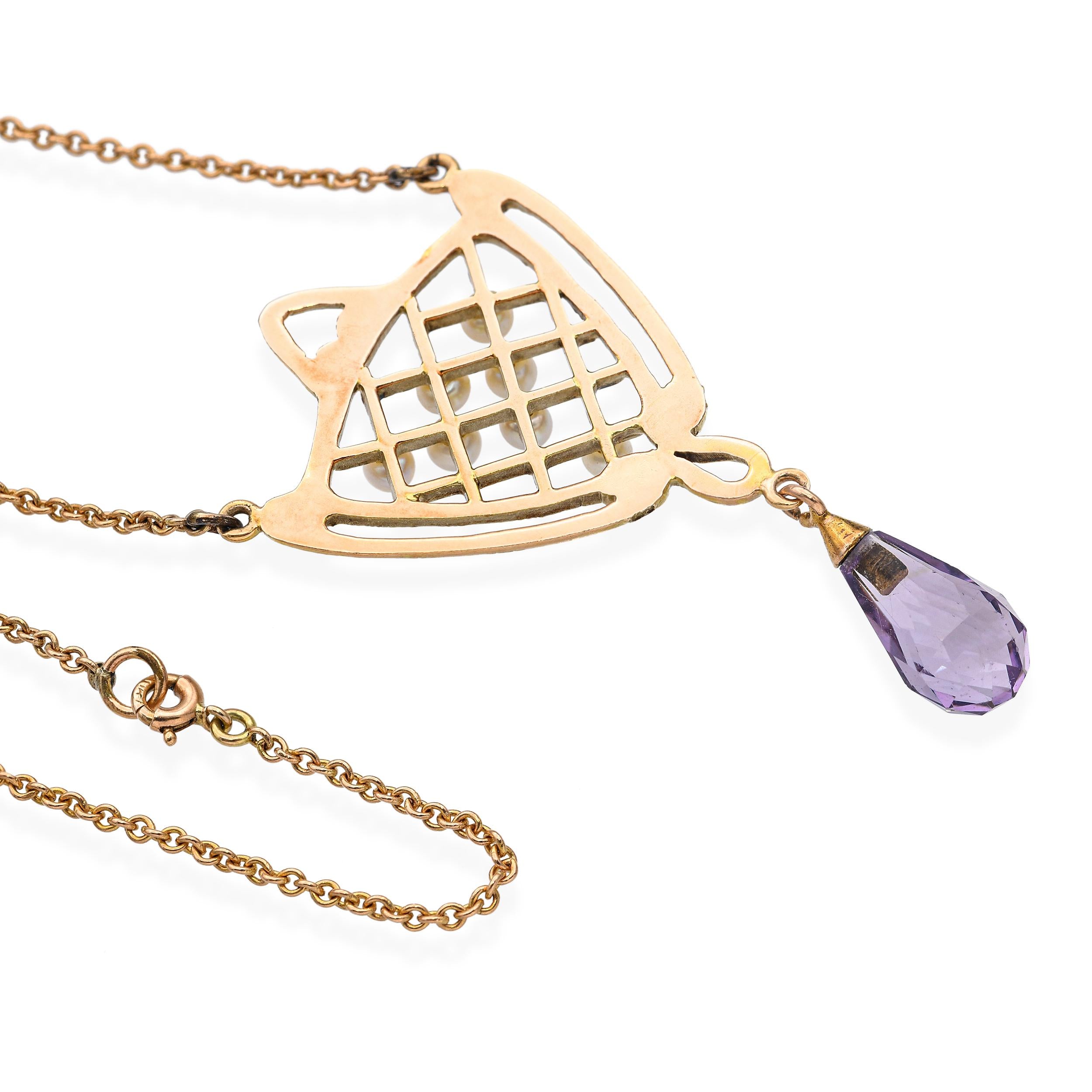 Antique 13k Yellow Gold Amethyst and Pearl Necklace