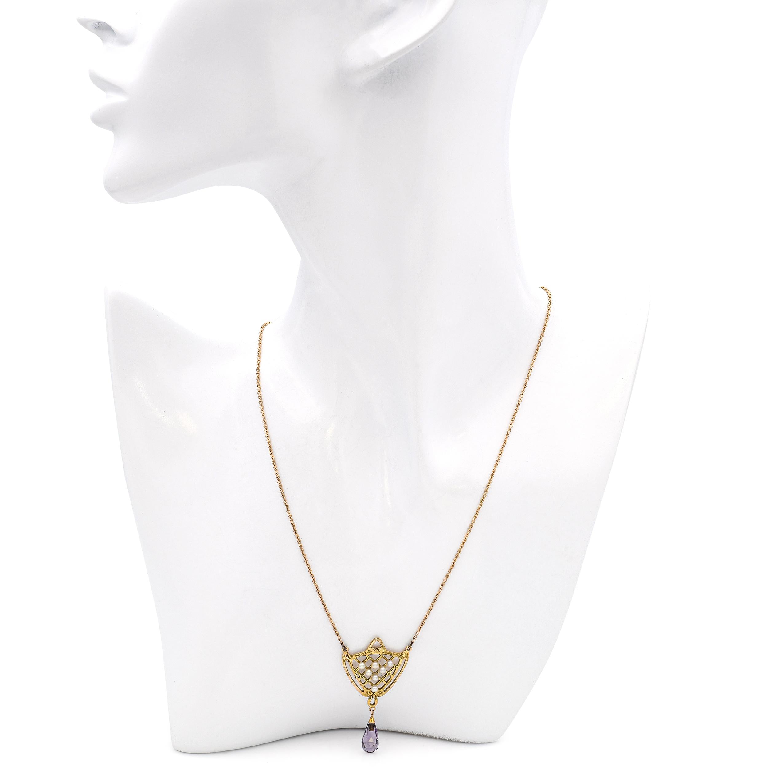 Antique 13k Yellow Gold Amethyst and Pearl Necklace