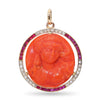 Antique Yellow Gold & Platinum Carved Red Coral, Ruby & Diamond Cameo Pendant