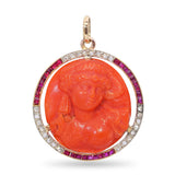 Antique Yellow Gold & Platinum Carved Red Coral, Ruby & Diamond Cameo Pendant