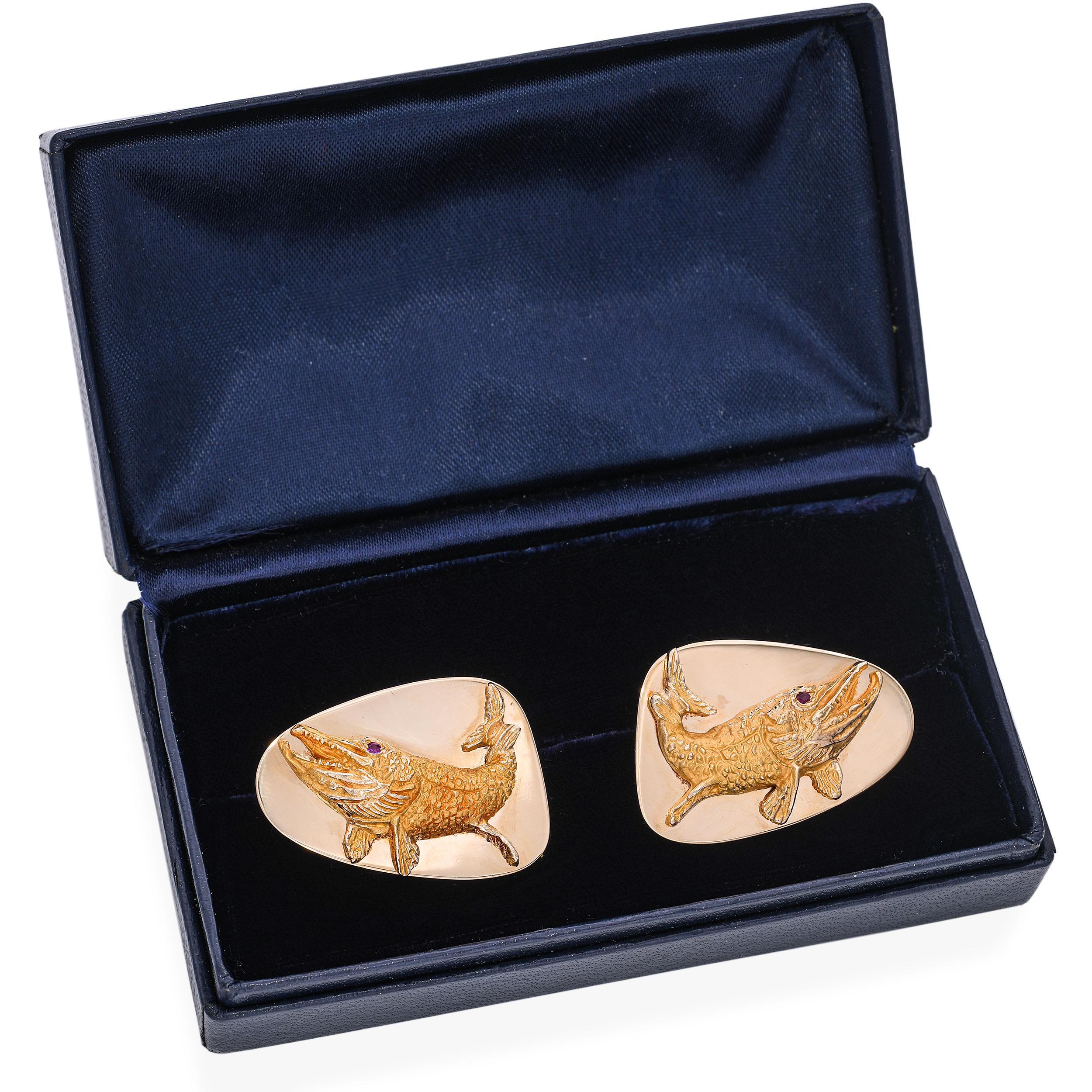 Vintage Tiffany & Co. 14k Yellow Gold and Ruby Muskellunge Fish Cufflinks