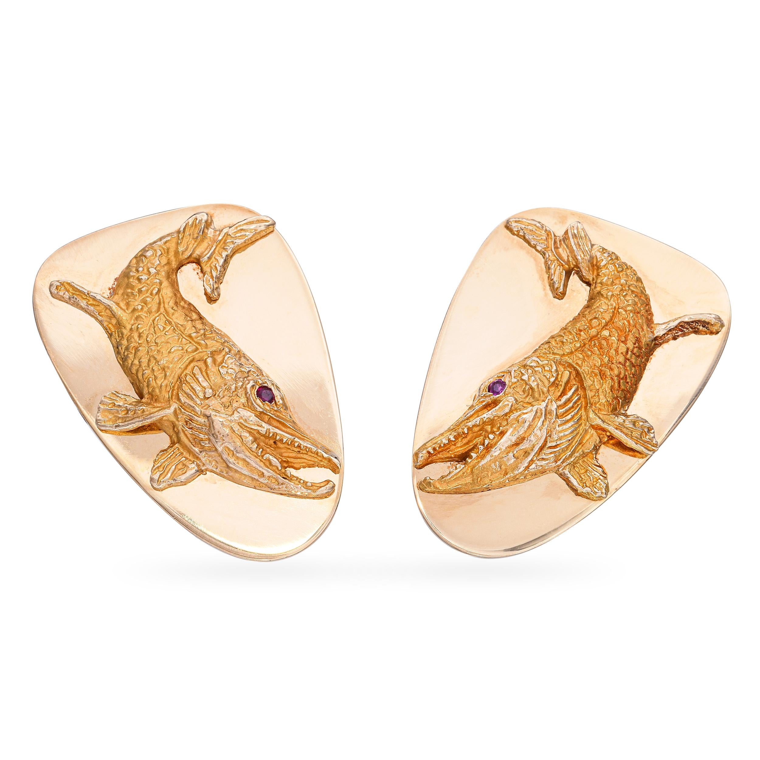 Vintage Tiffany & Co. 14k Yellow Gold and Ruby Muskellunge Fish Cufflinks