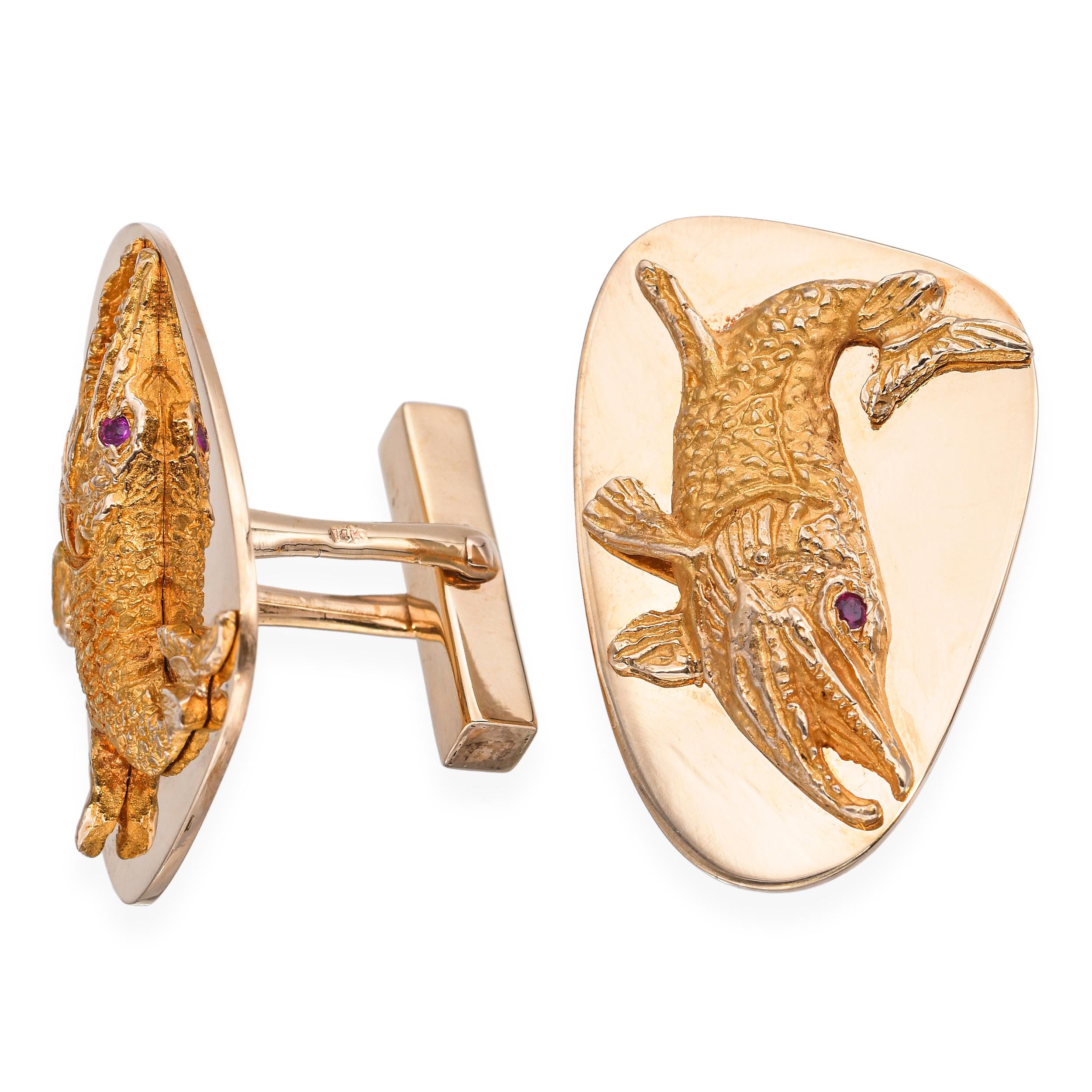 Vintage Tiffany & Co. 14k Yellow Gold and Ruby Muskellunge Fish Cufflinks