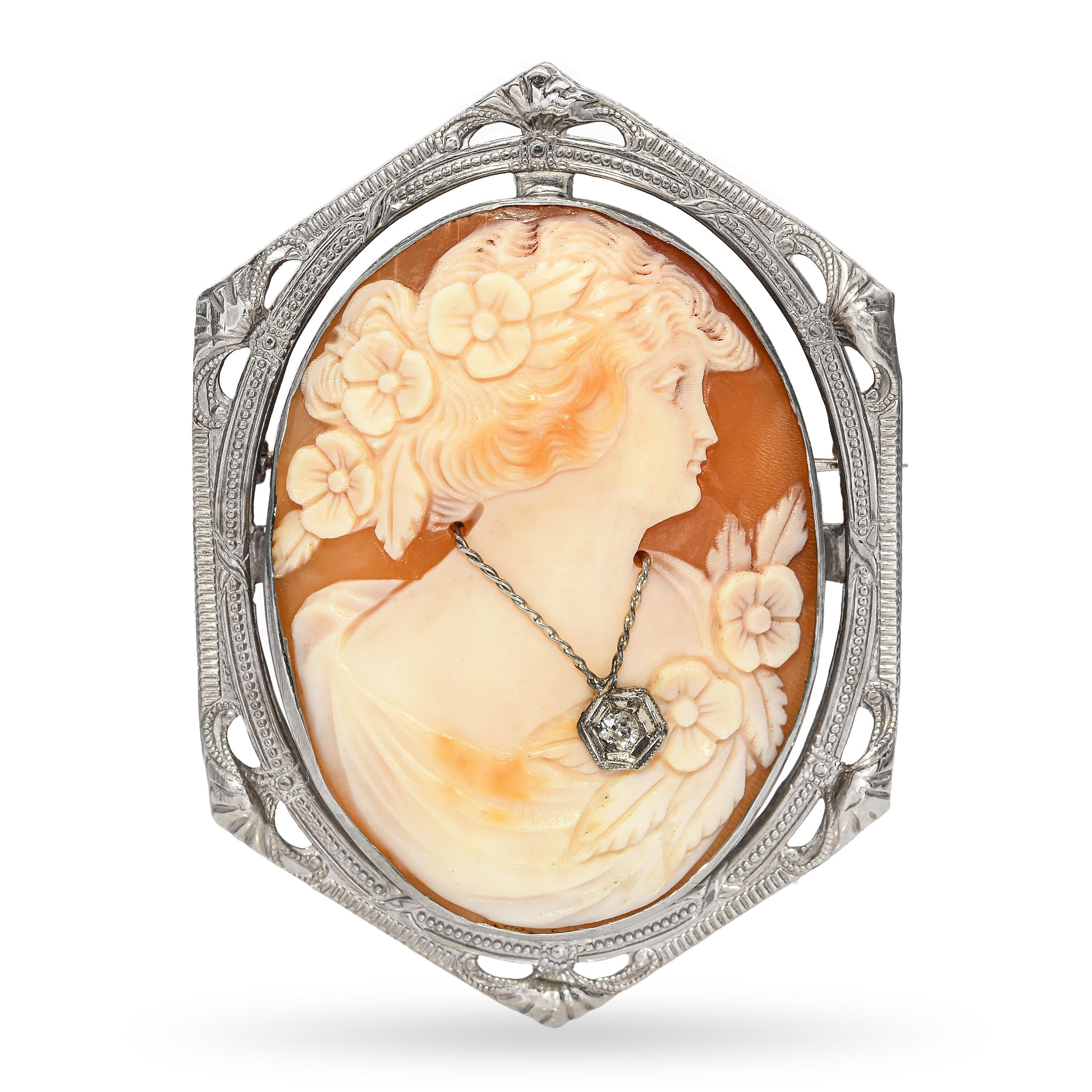 Antique 12k White Gold Lady With Diamond Necklace Cameo Brooch