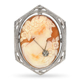 Antique 12k White Gold Lady With Diamond Necklace Cameo Brooch