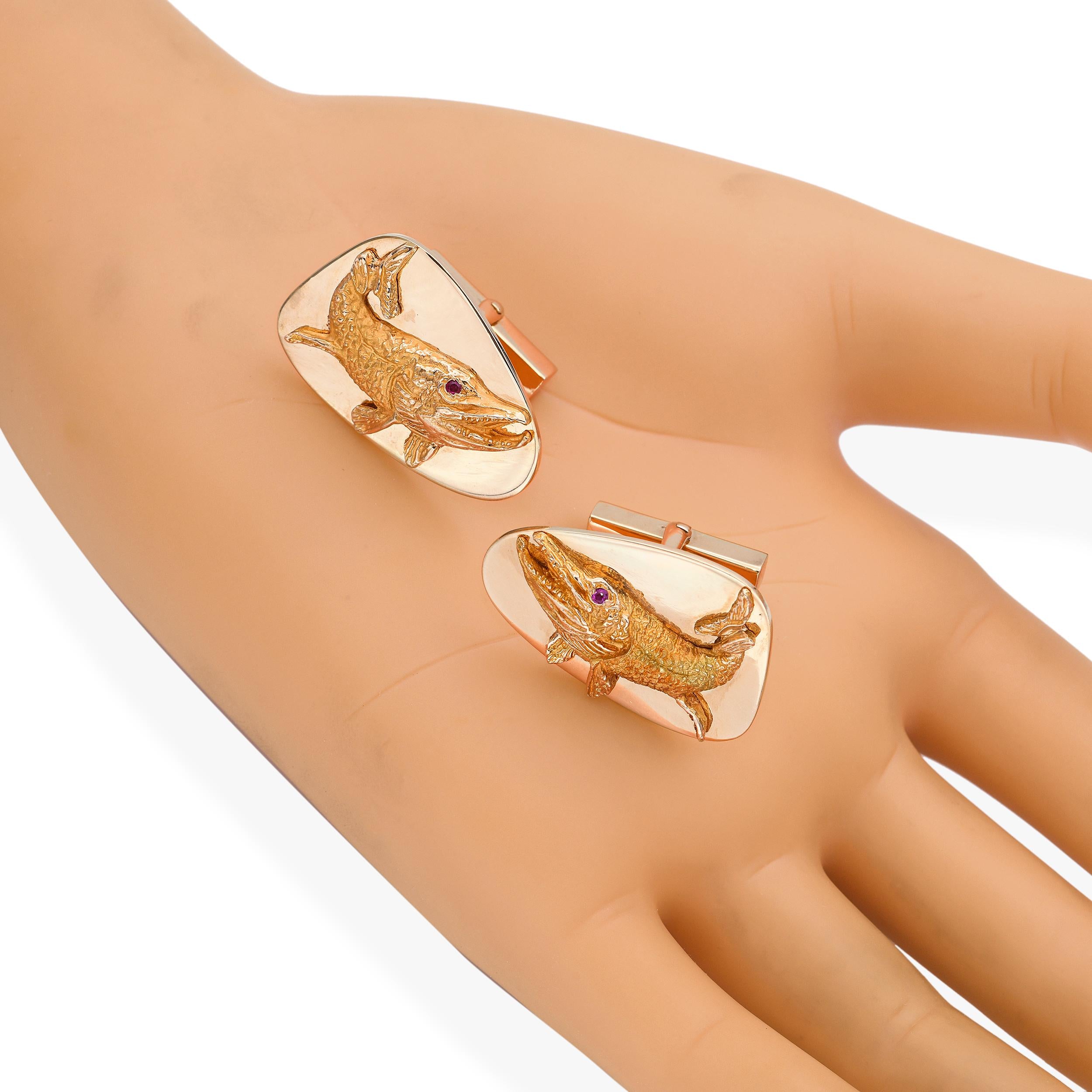 Vintage Tiffany & Co. 14k Yellow Gold and Ruby Muskellunge Fish Cufflinks