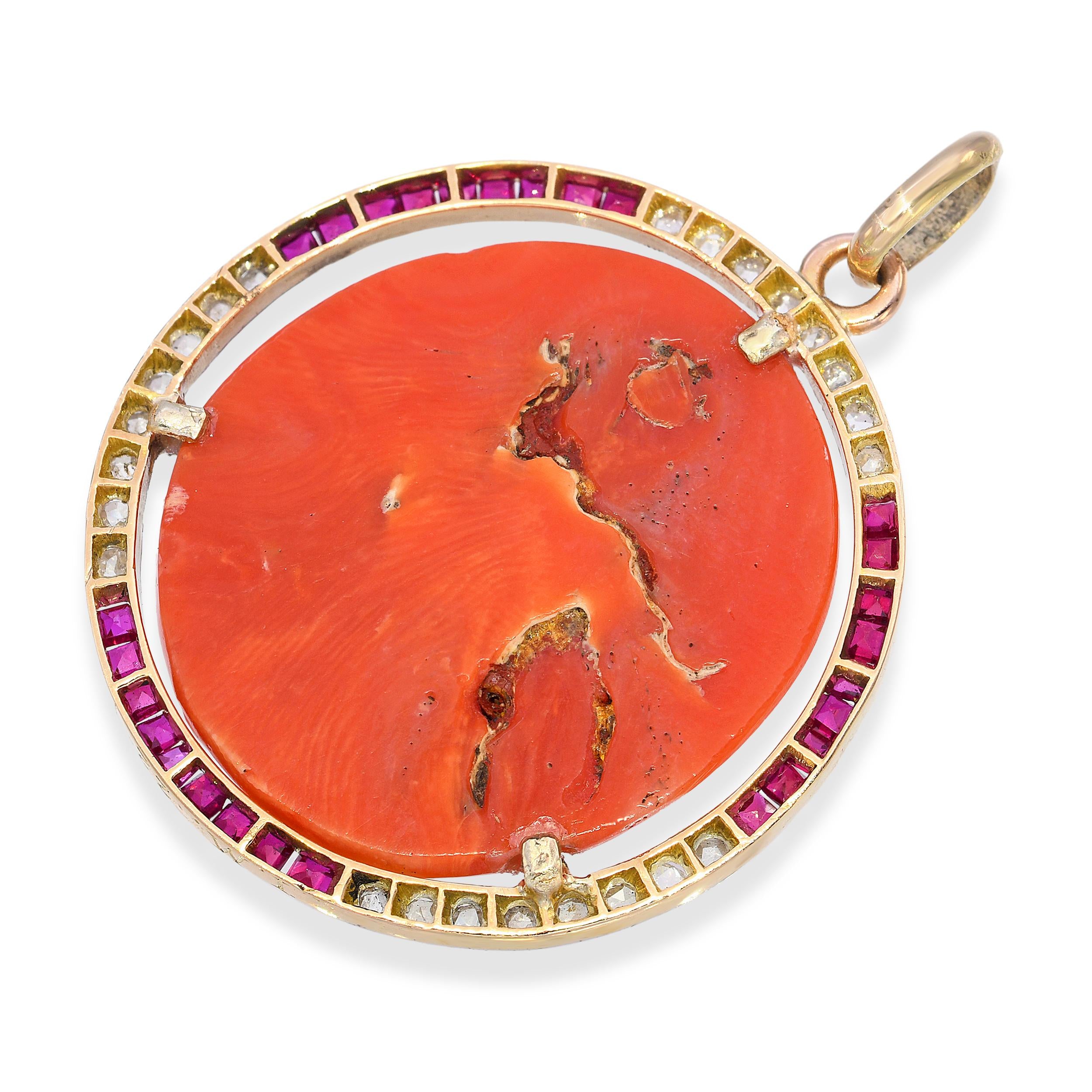 Antique Yellow Gold & Platinum Carved Red Coral, Ruby & Diamond Cameo Pendant