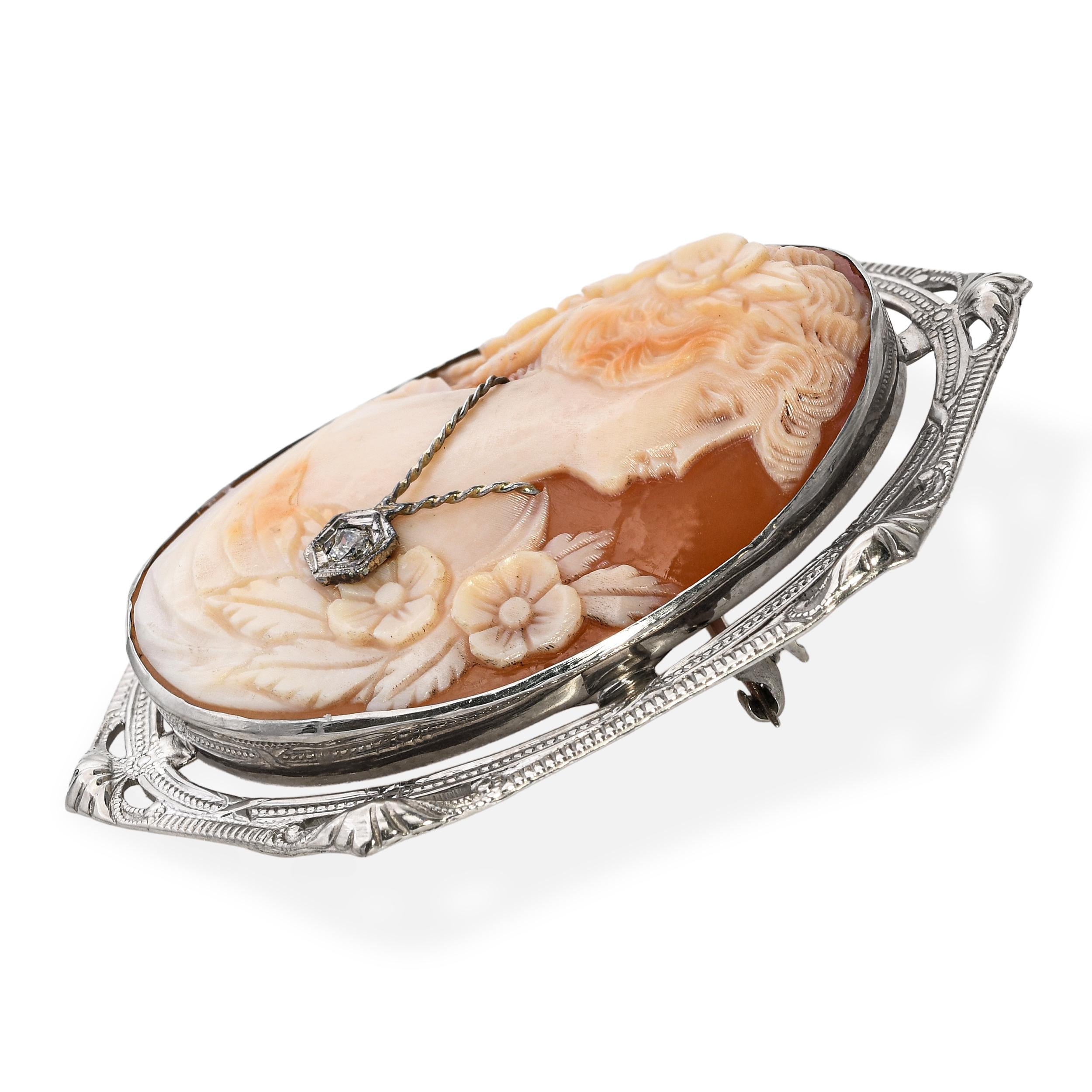 Antique 12k White Gold Lady With Diamond Necklace Cameo Brooch