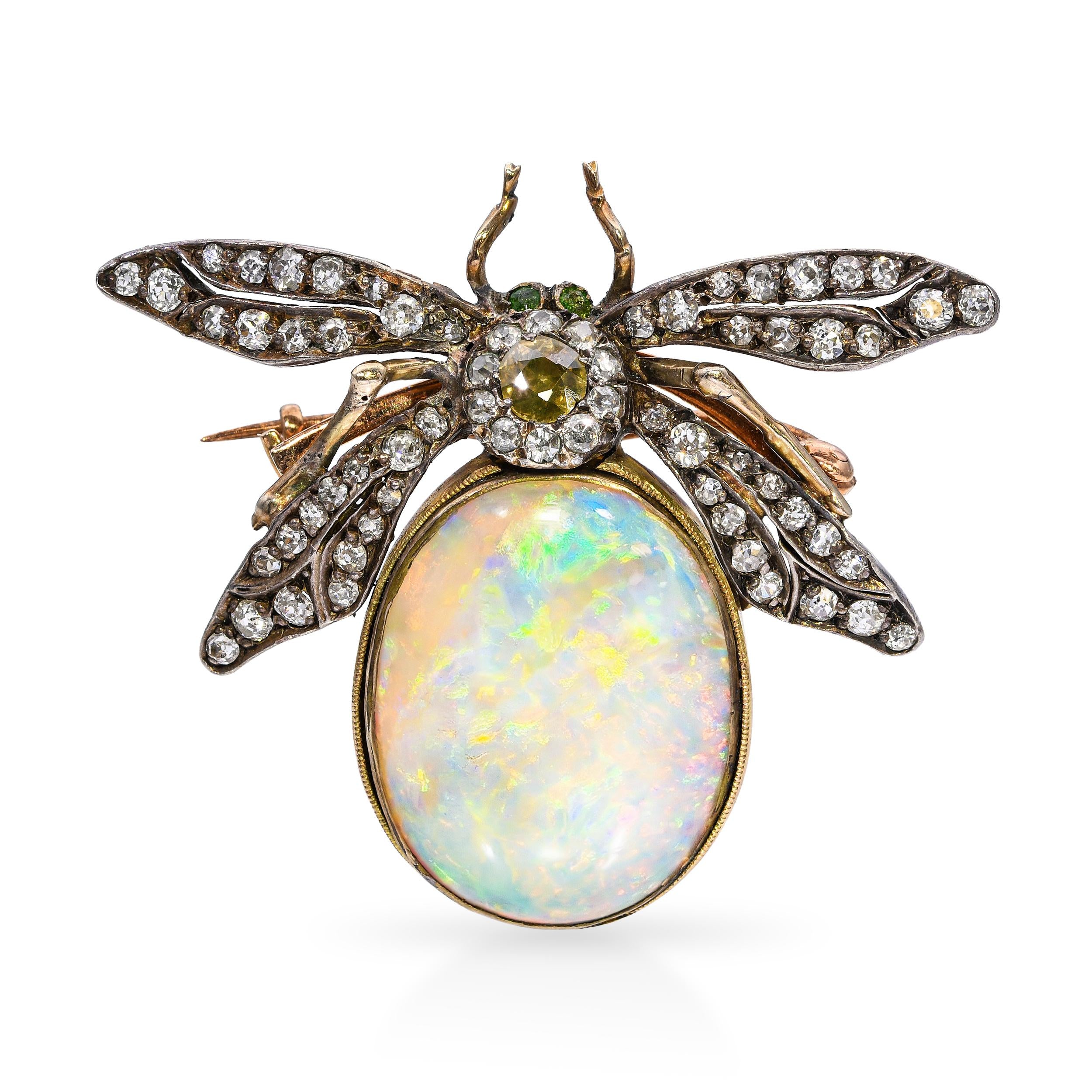 Antique Victorian 9k Yellow Gold 18.36ct Opal & Diamond Bee Brooch