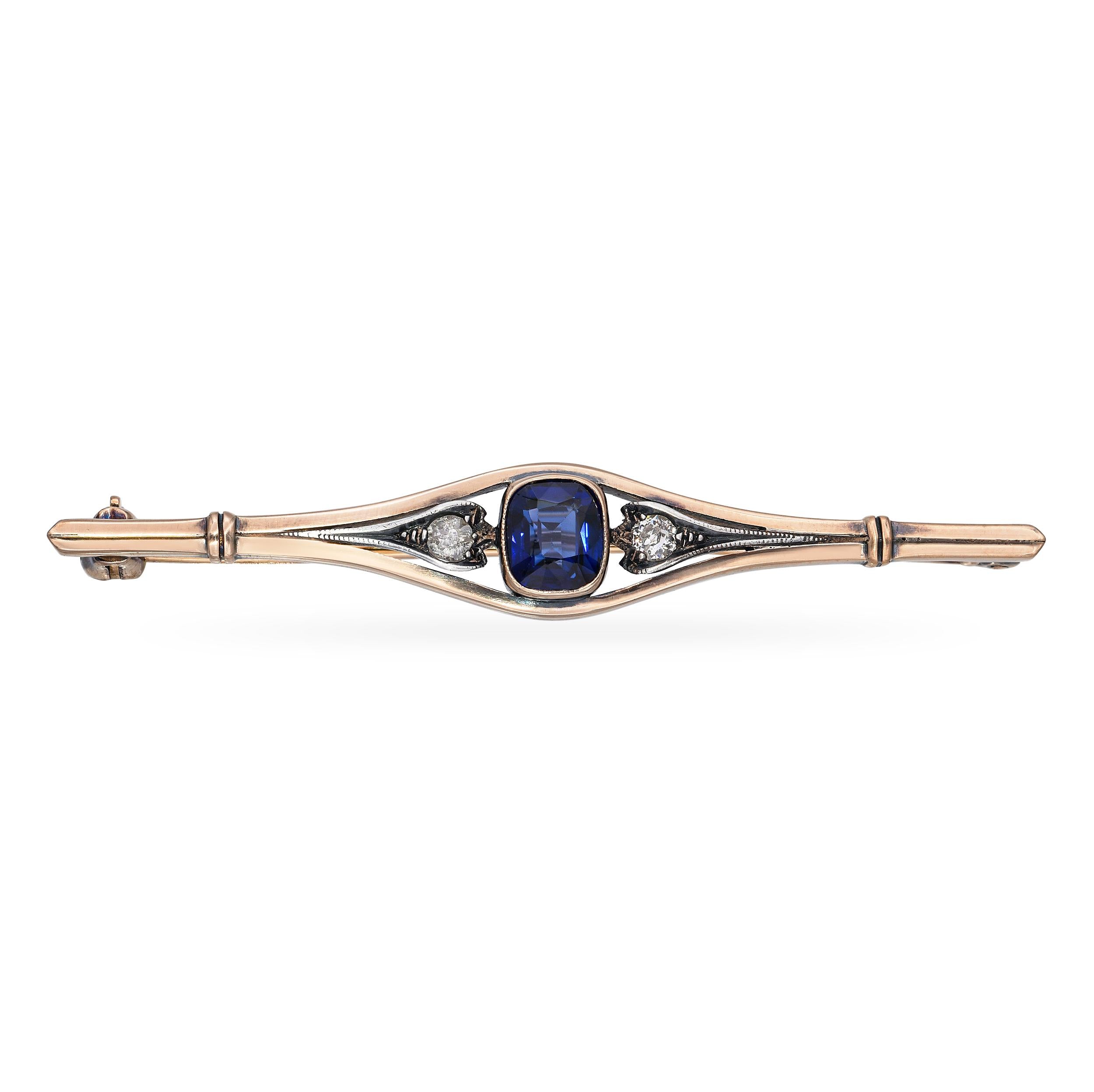 Antique 8k Yellow Gold 0.8ct Royal Blue Sapphire and Diamond Bar Brooch