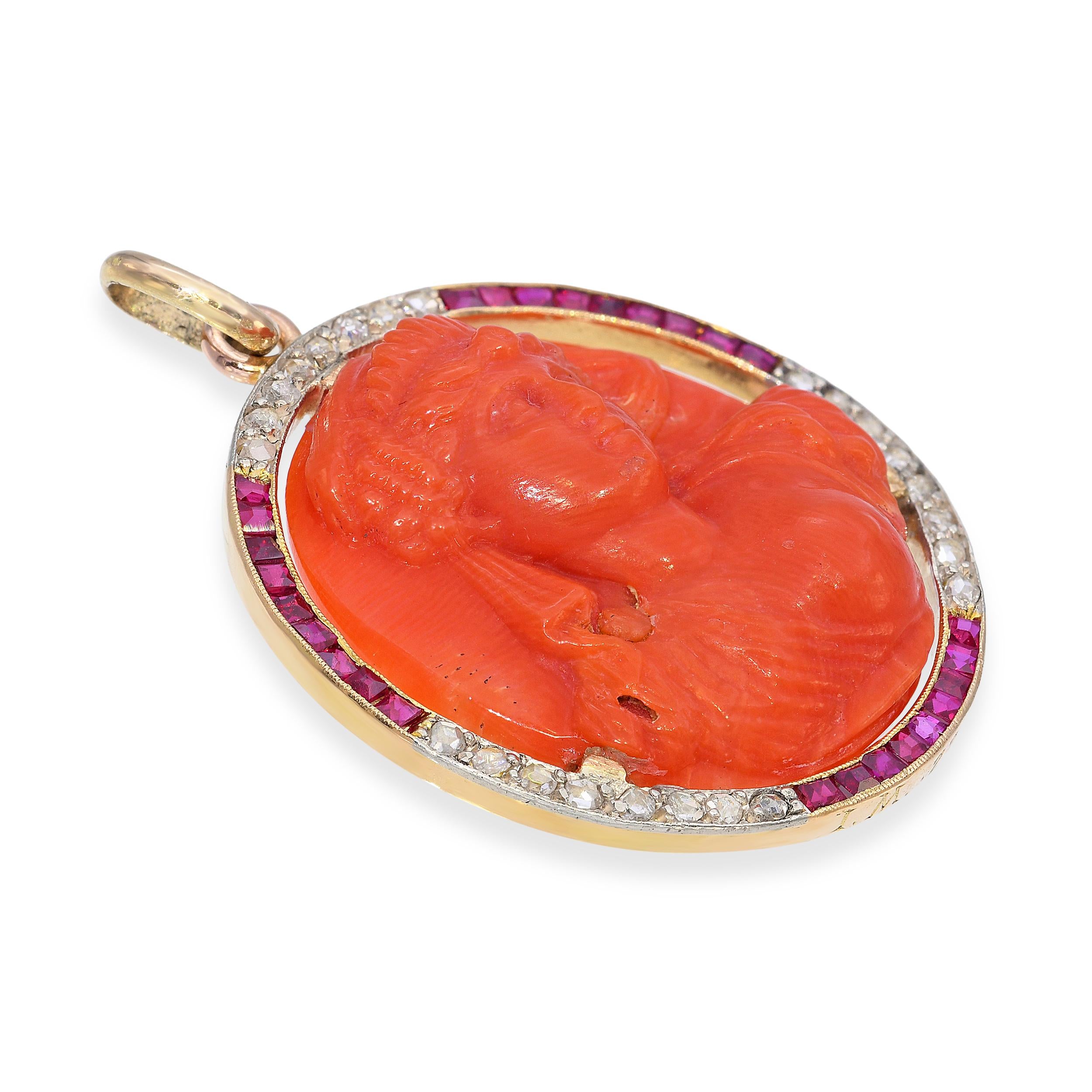 Antique Yellow Gold & Platinum Carved Red Coral, Ruby & Diamond Cameo Pendant