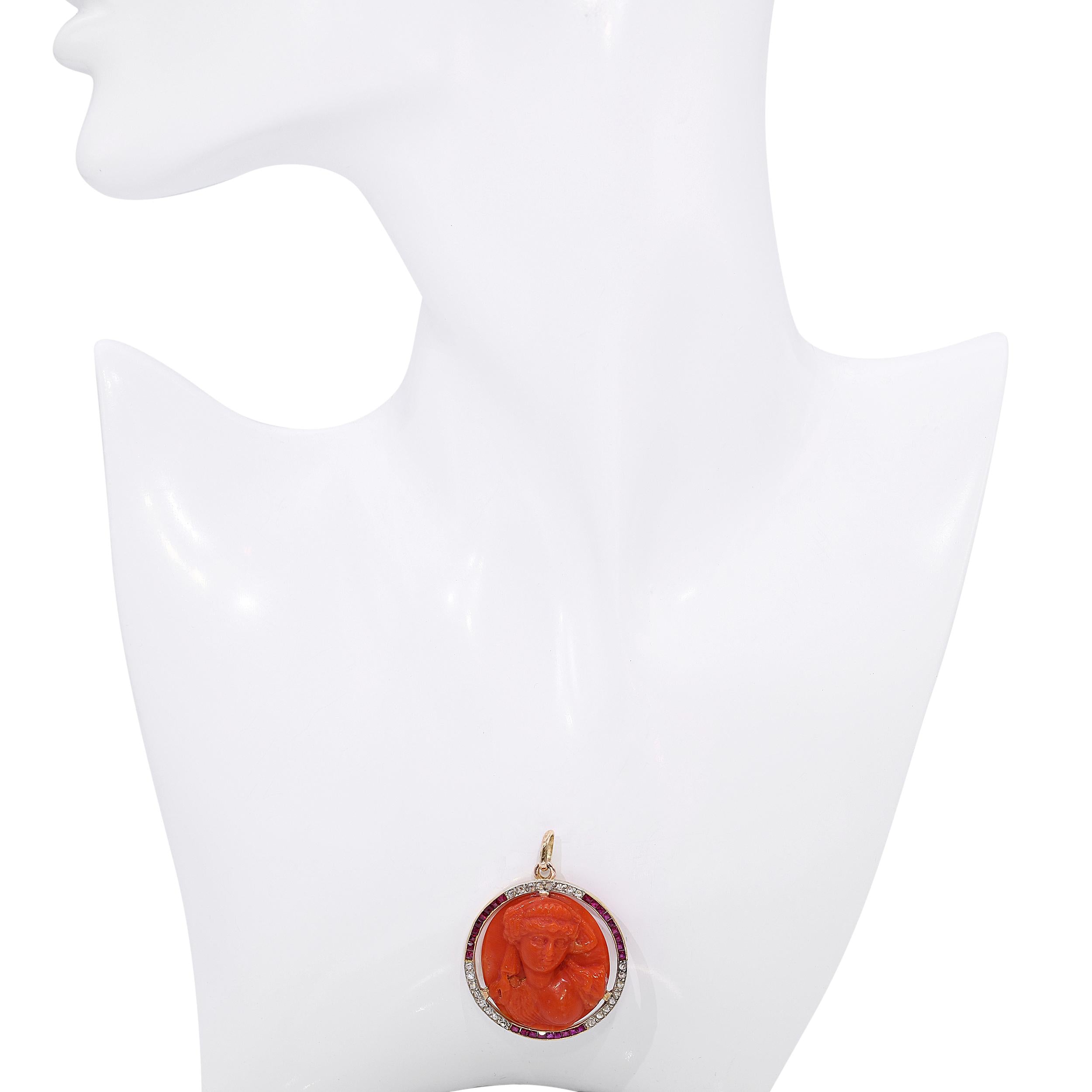 Antique Yellow Gold & Platinum Carved Red Coral, Ruby & Diamond Cameo Pendant