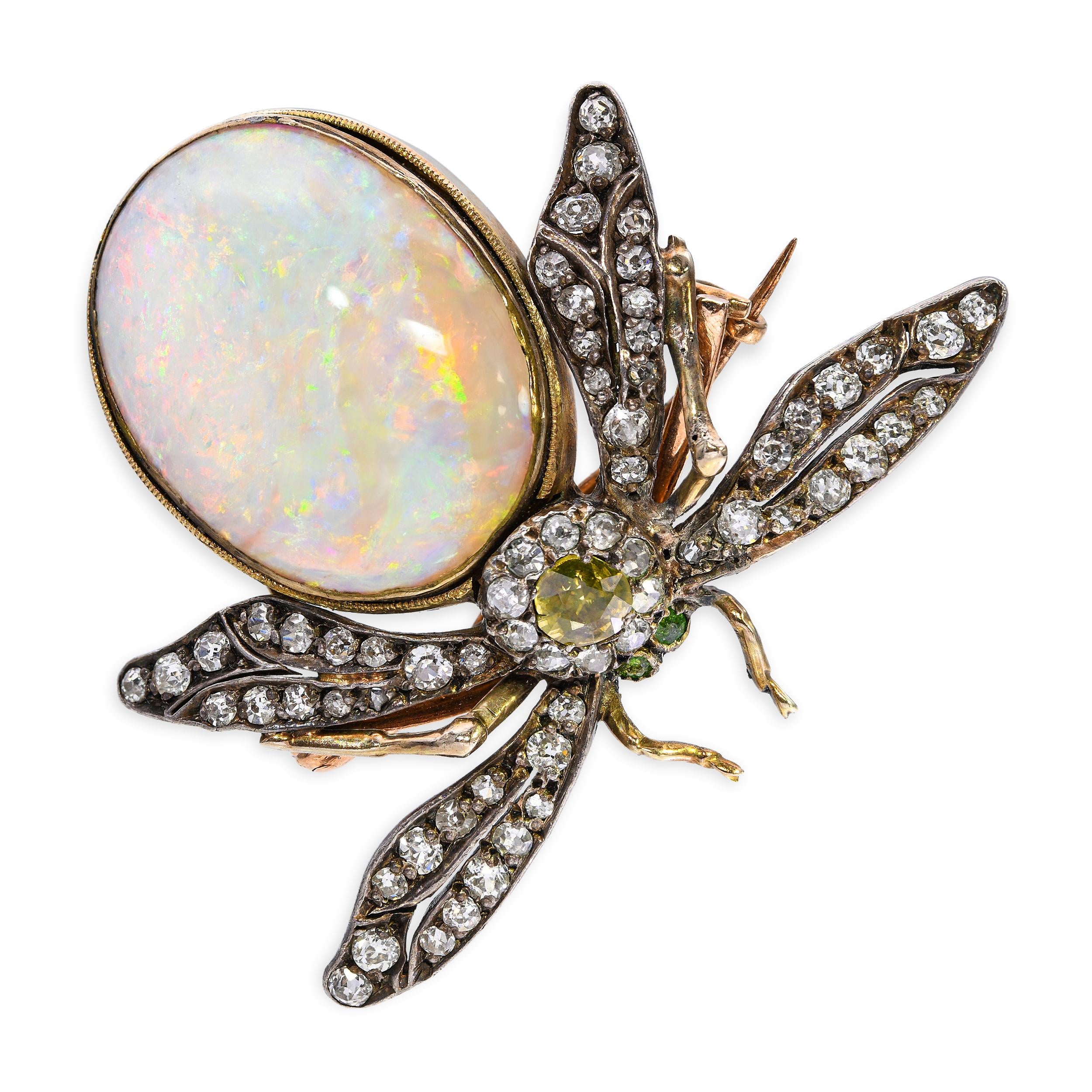 Antique Victorian 9k Yellow Gold 18.36ct Opal & Diamond Bee Brooch