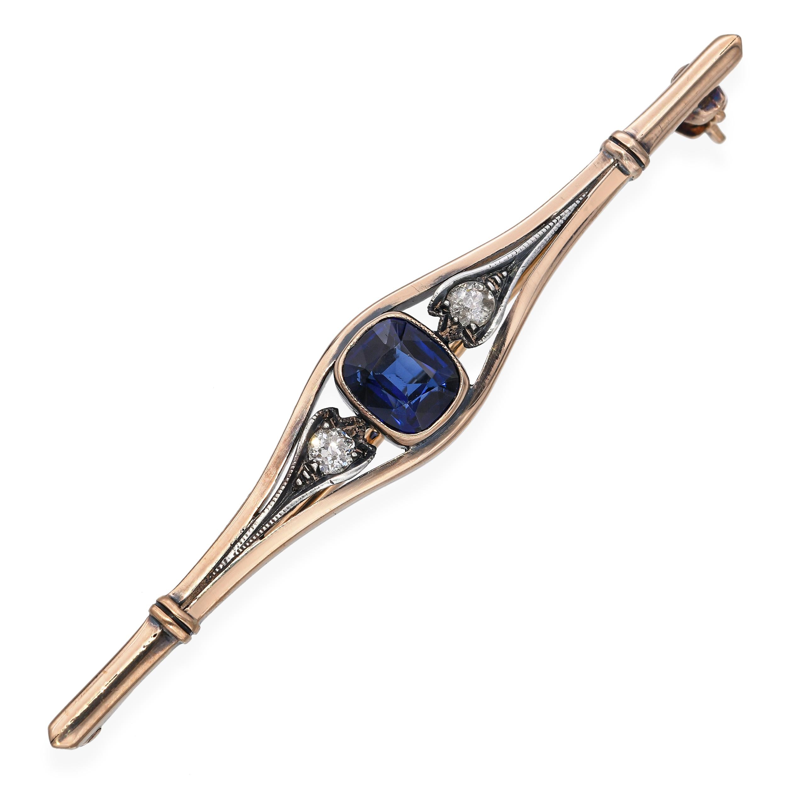 Antique 8k Yellow Gold 0.8ct Royal Blue Sapphire and Diamond Bar Brooch