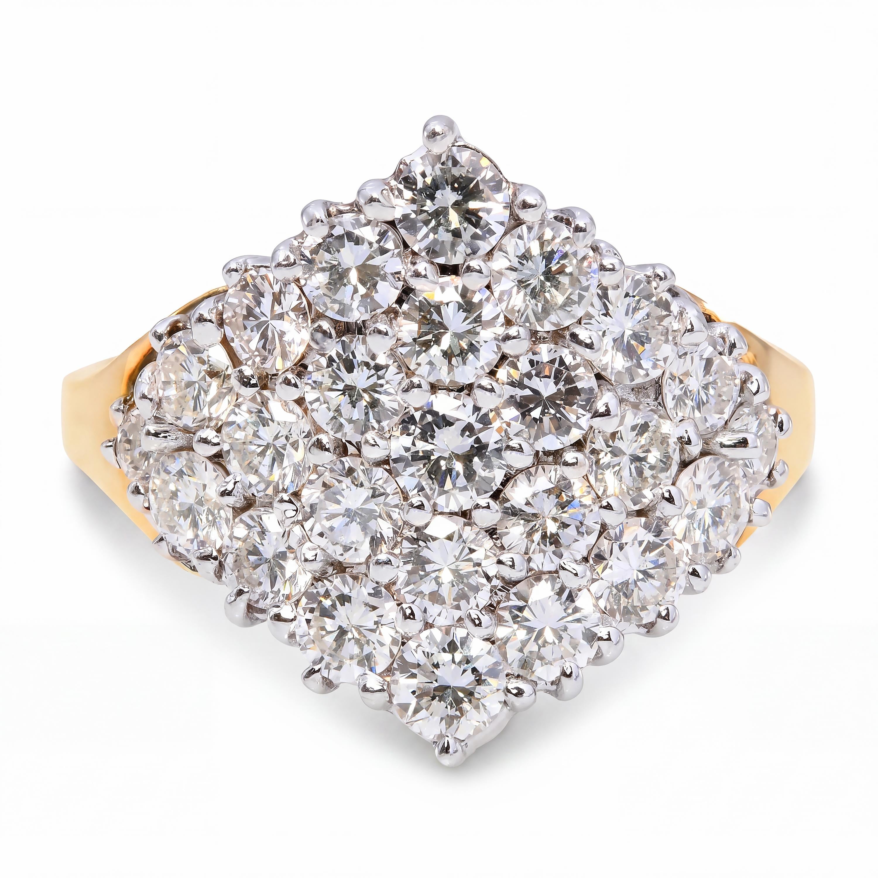 Vintage 14k Yellow Gold and Platinum 1.48tcw Diamond Pave Cluster Ring