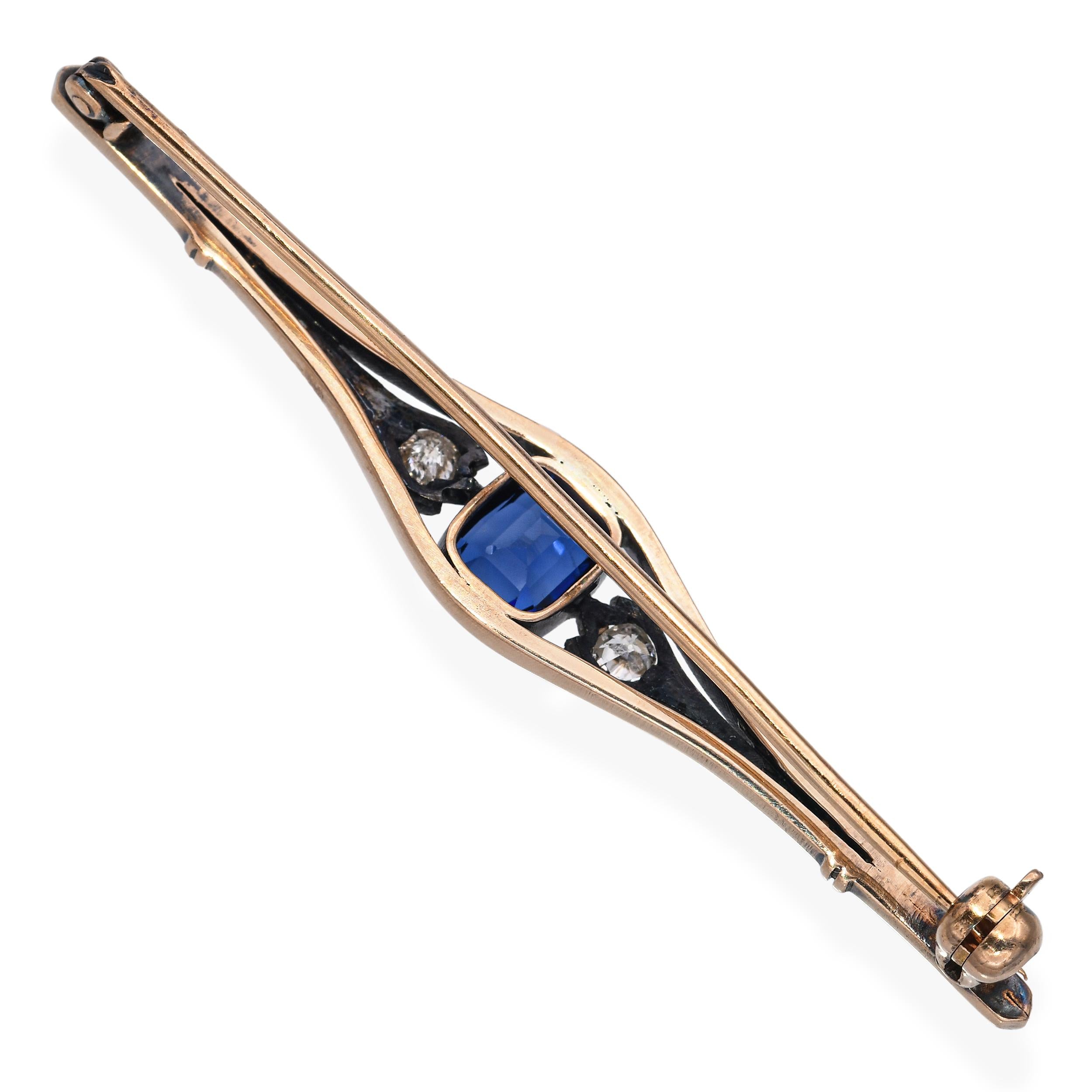 Antique 8k Yellow Gold 0.8ct Royal Blue Sapphire and Diamond Bar Brooch